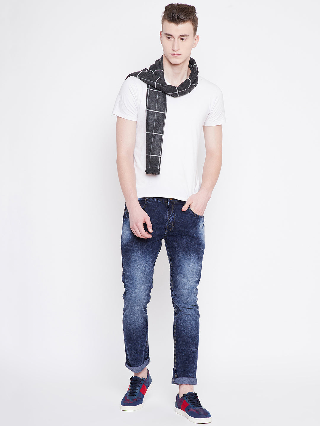 Alvaro Castagnino Men Grey & White Checked Muffler