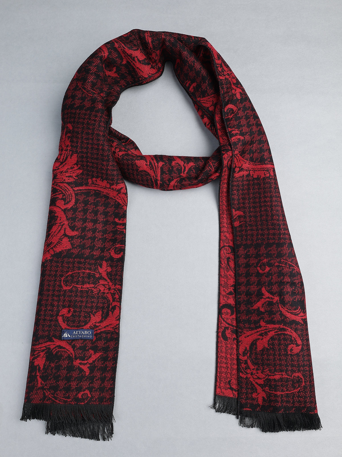 Crimson Red & Black Floral Jacquard Winter Muffler