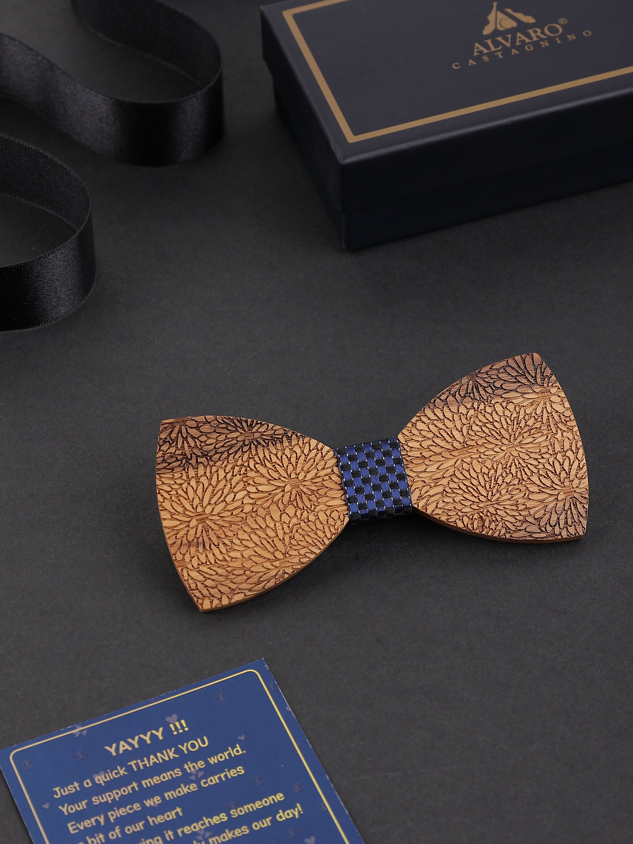 Laser Etched Floral Wooden Bow Tie