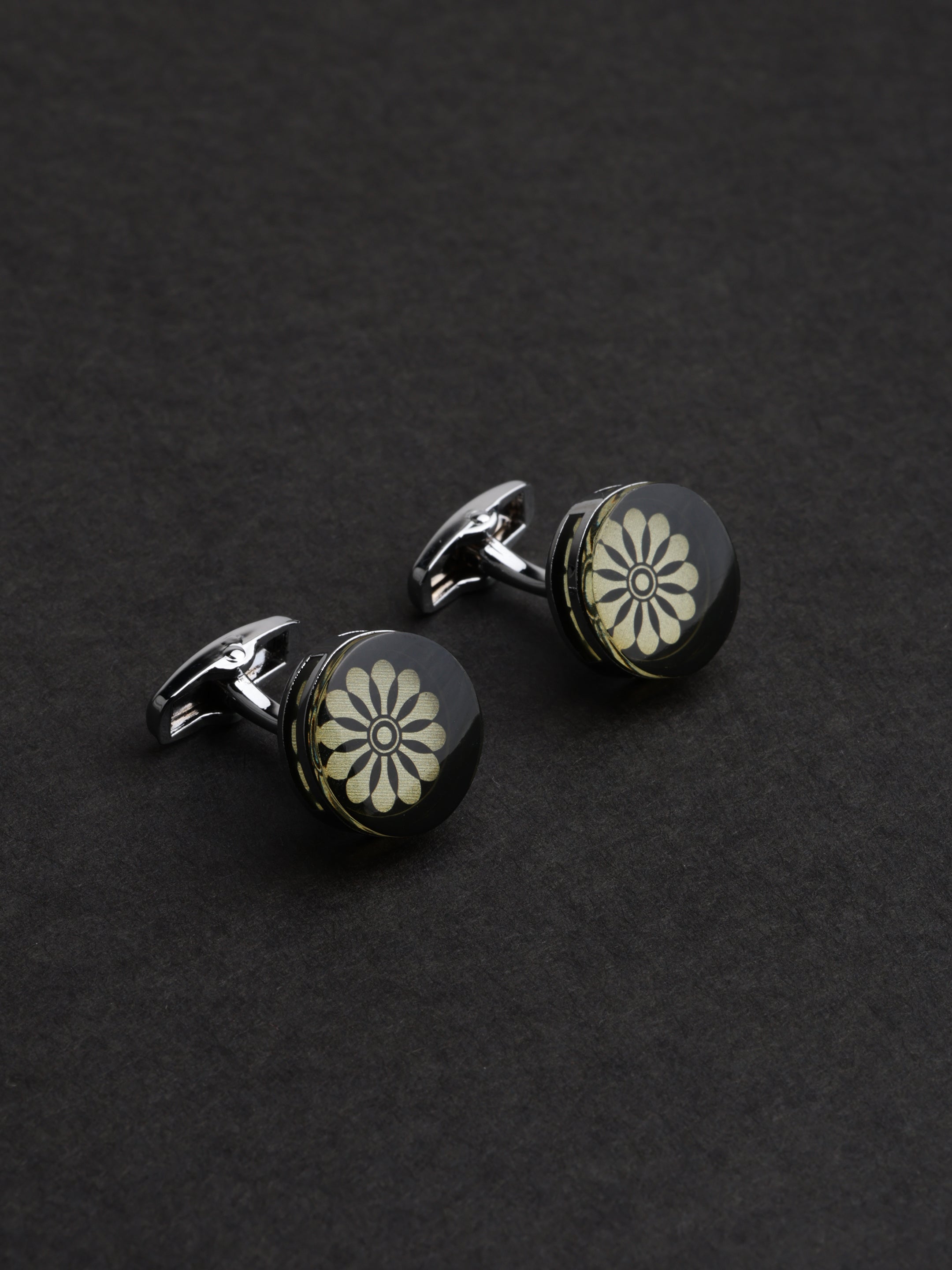 Black Floral Round Cufflinks
