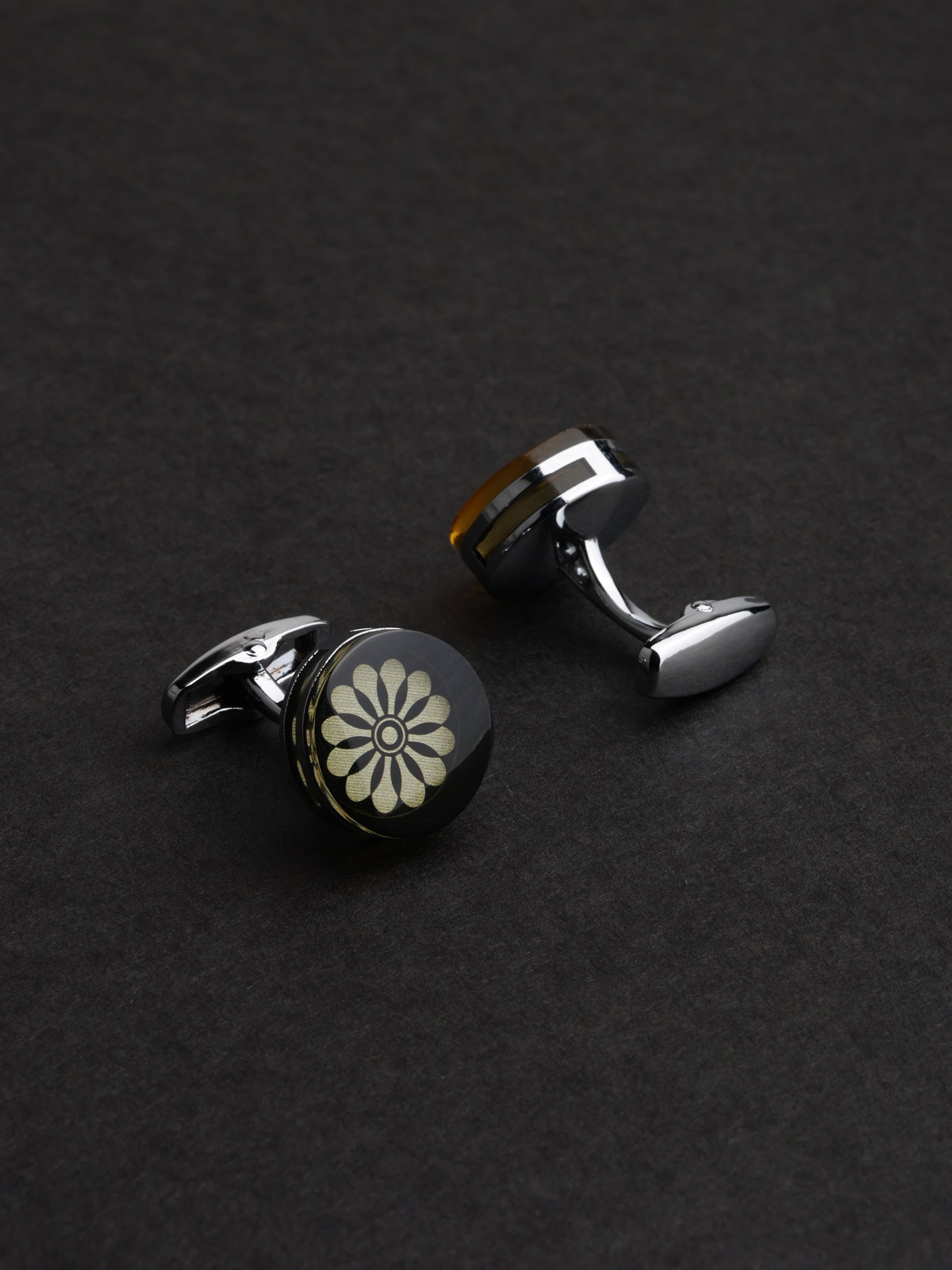 Black Floral Round Cufflinks