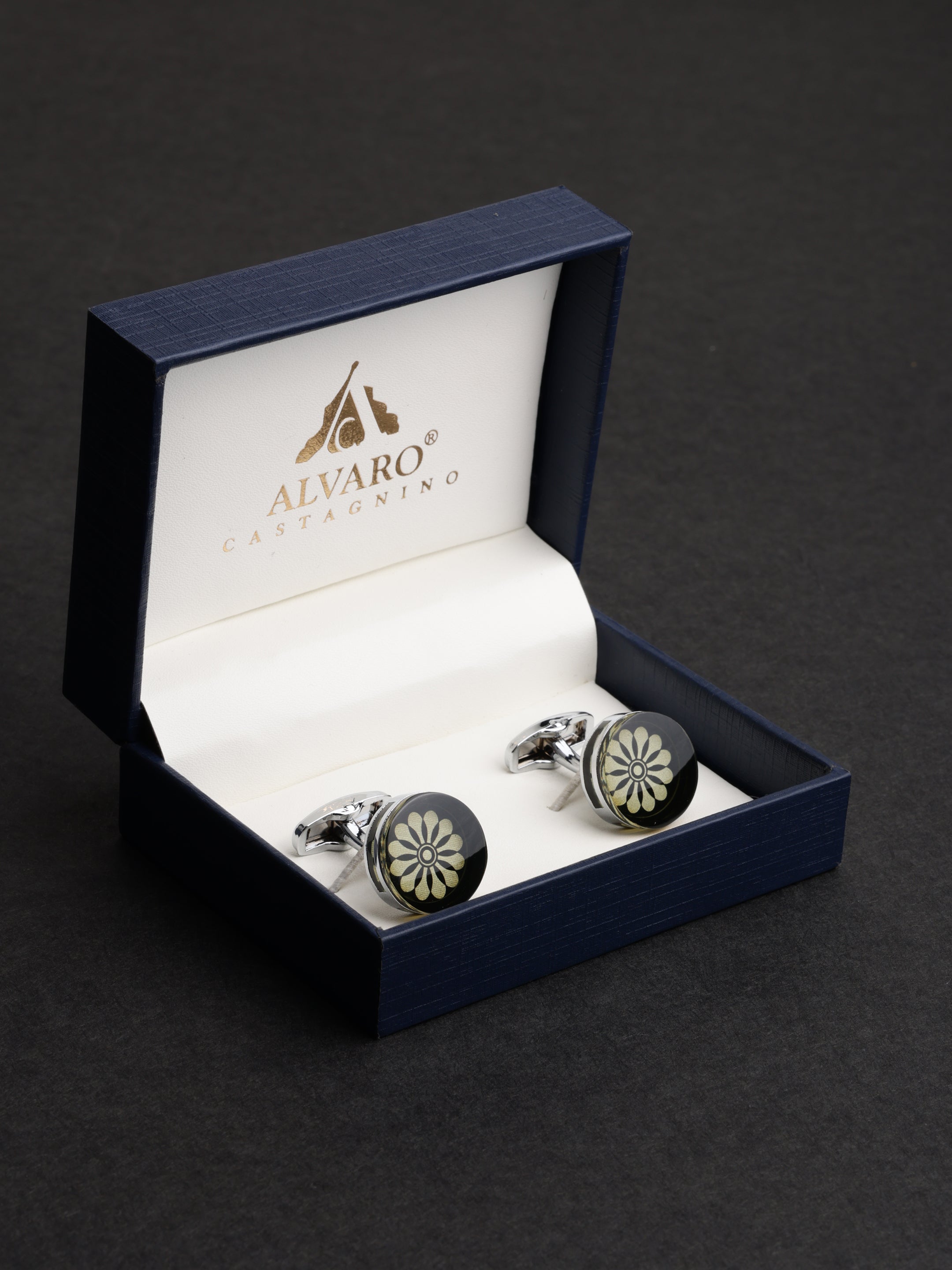 Black Floral Round Cufflinks