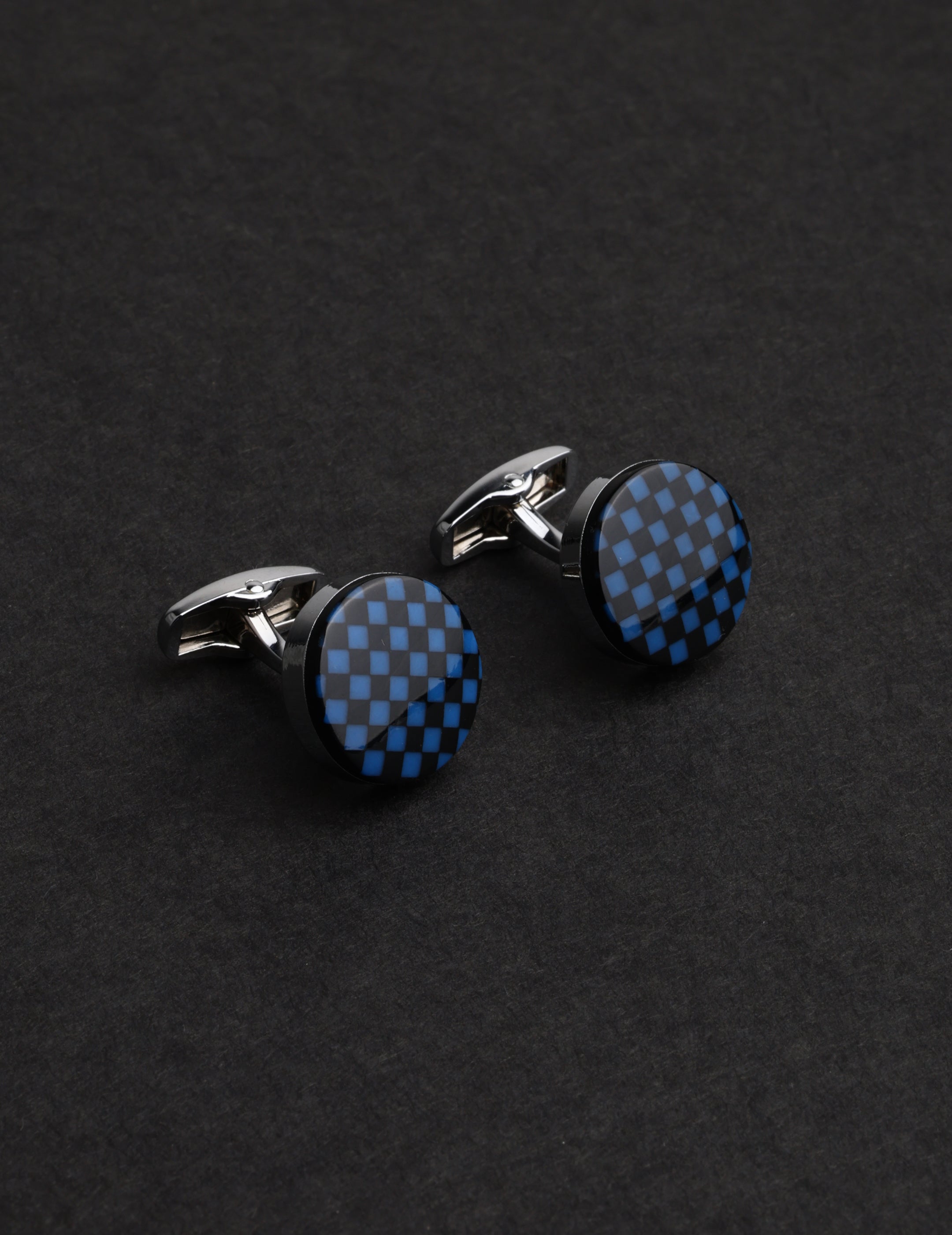 Blue and Black Checkered Round Cufflinks