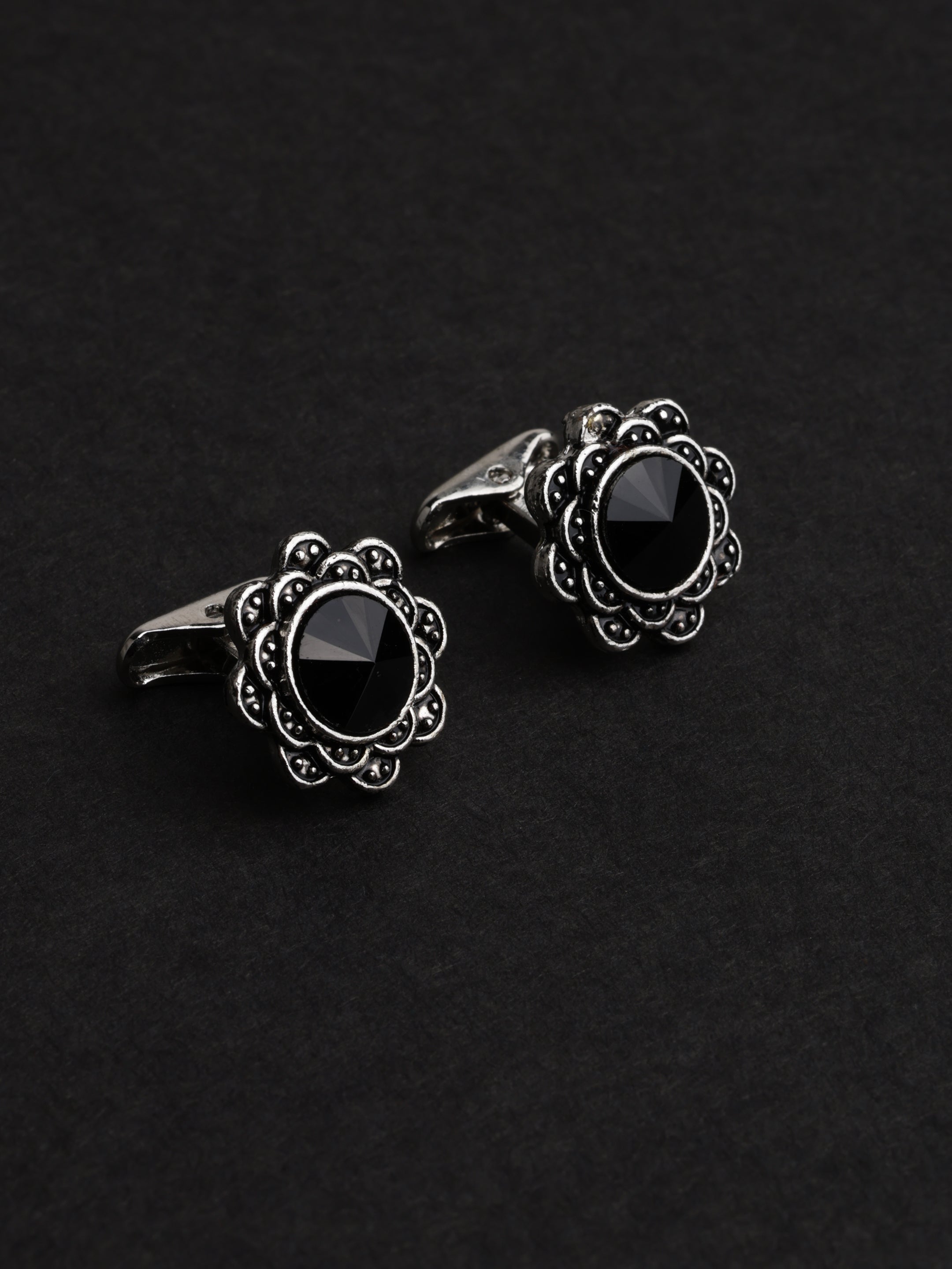 Antique Floral Black Crystal Cufflinks