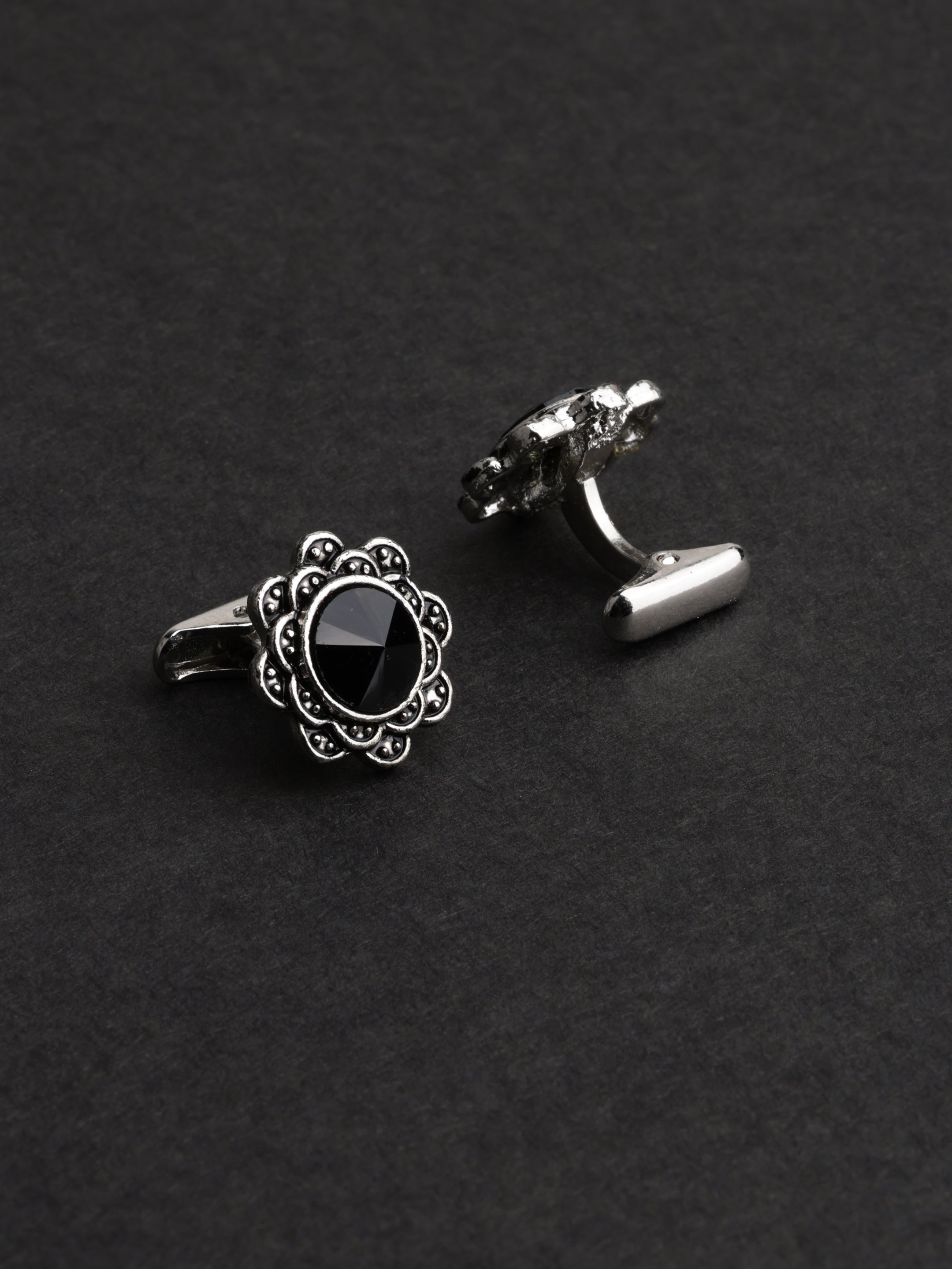Antique Floral Black Crystal Cufflinks