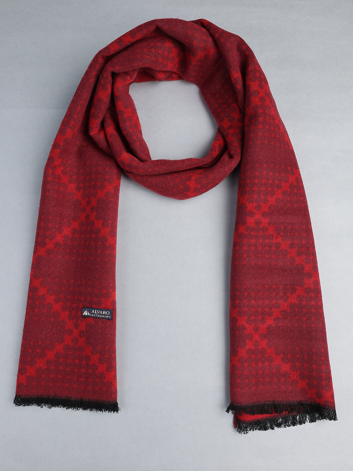 Crimson Red & Burgundy Geometric Micro-Pattern Winter Muffler
