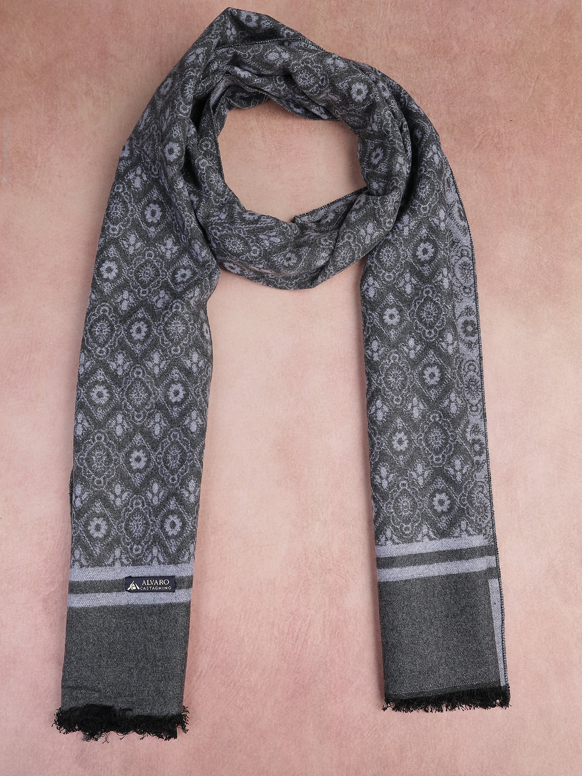Charcoal Gray & Silver Baroque Medallion Winter Muffler