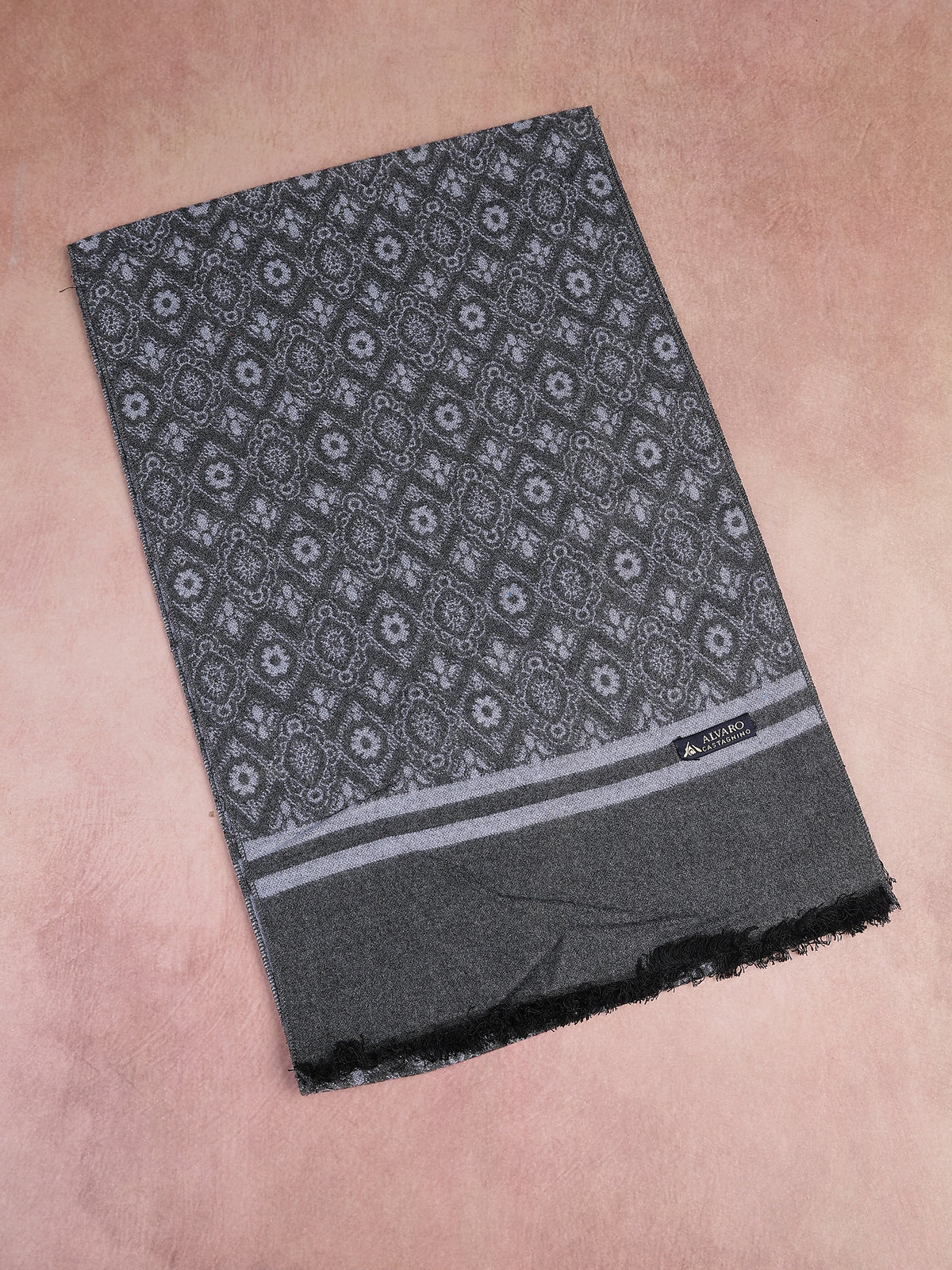 Charcoal Gray & Silver Baroque Medallion Winter Muffler