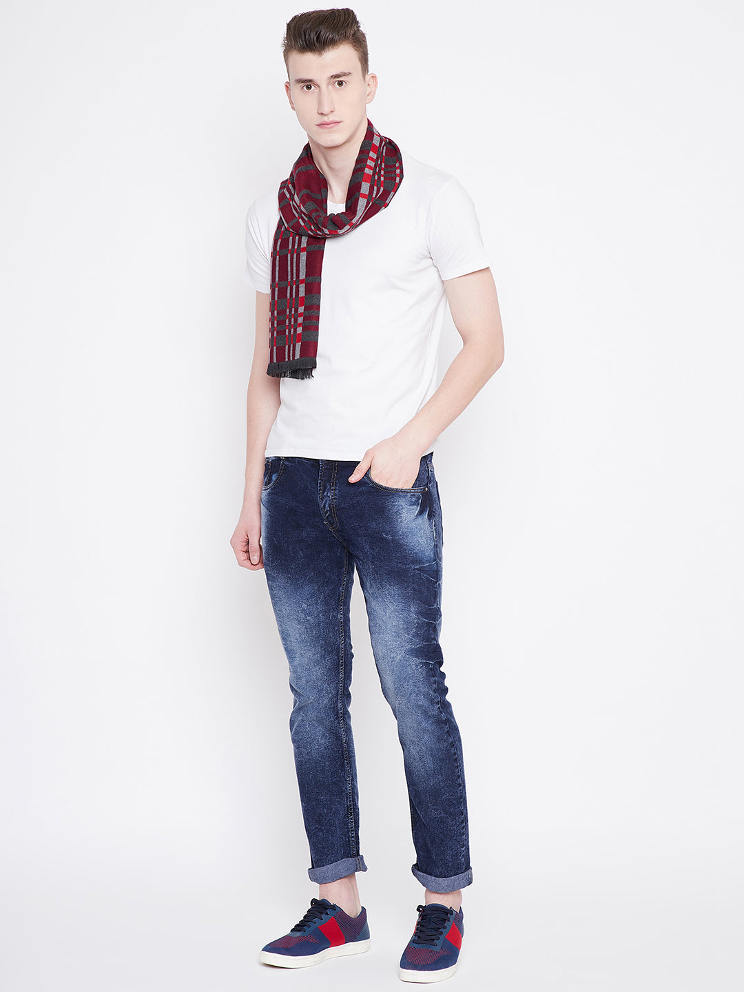 Alvaro Castagnino Men Maroon & Grey Checked Muffler