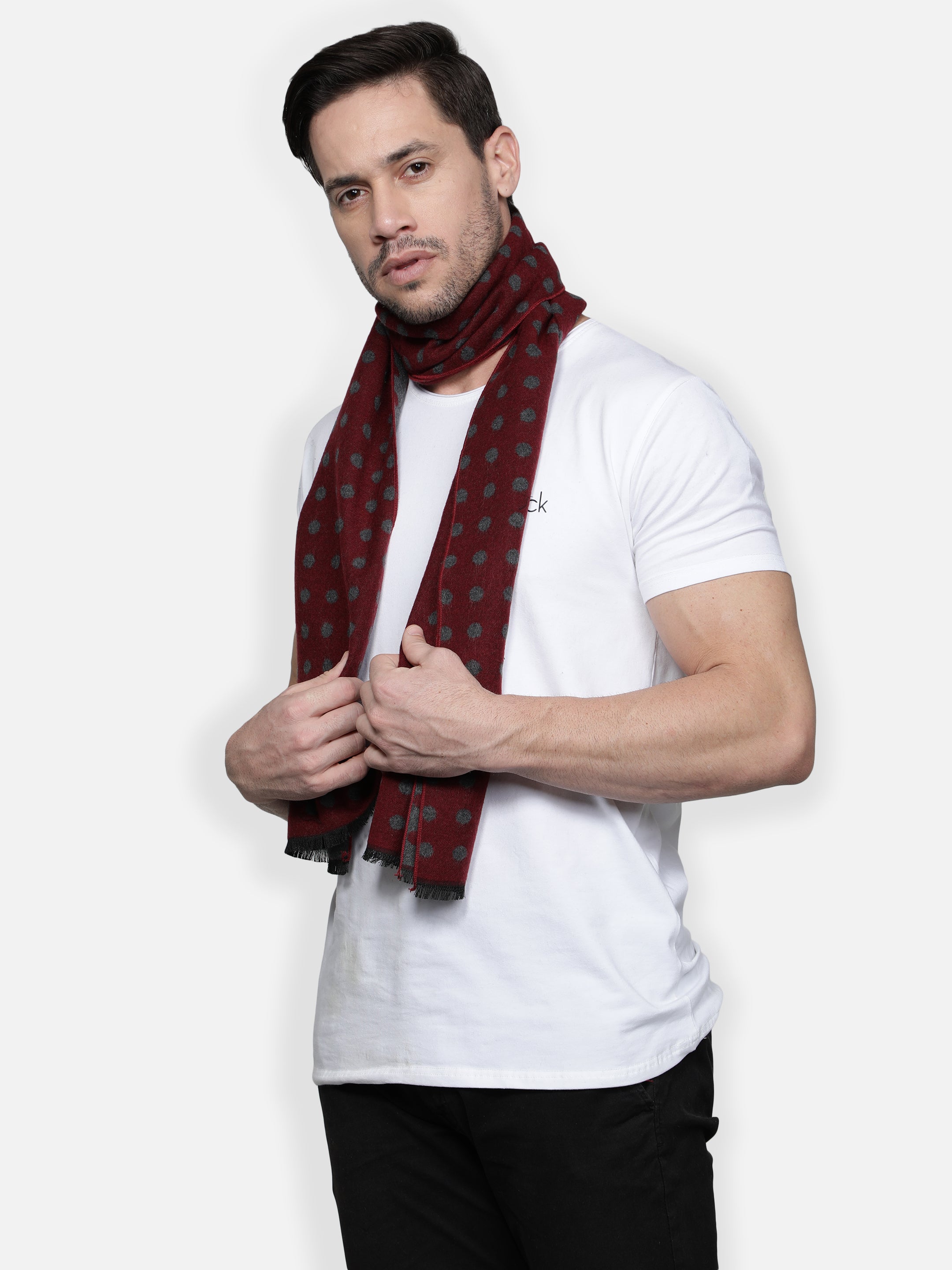 Alvaro Castagnino Men Maroon and Grey Polka Dot Printed Muffler
