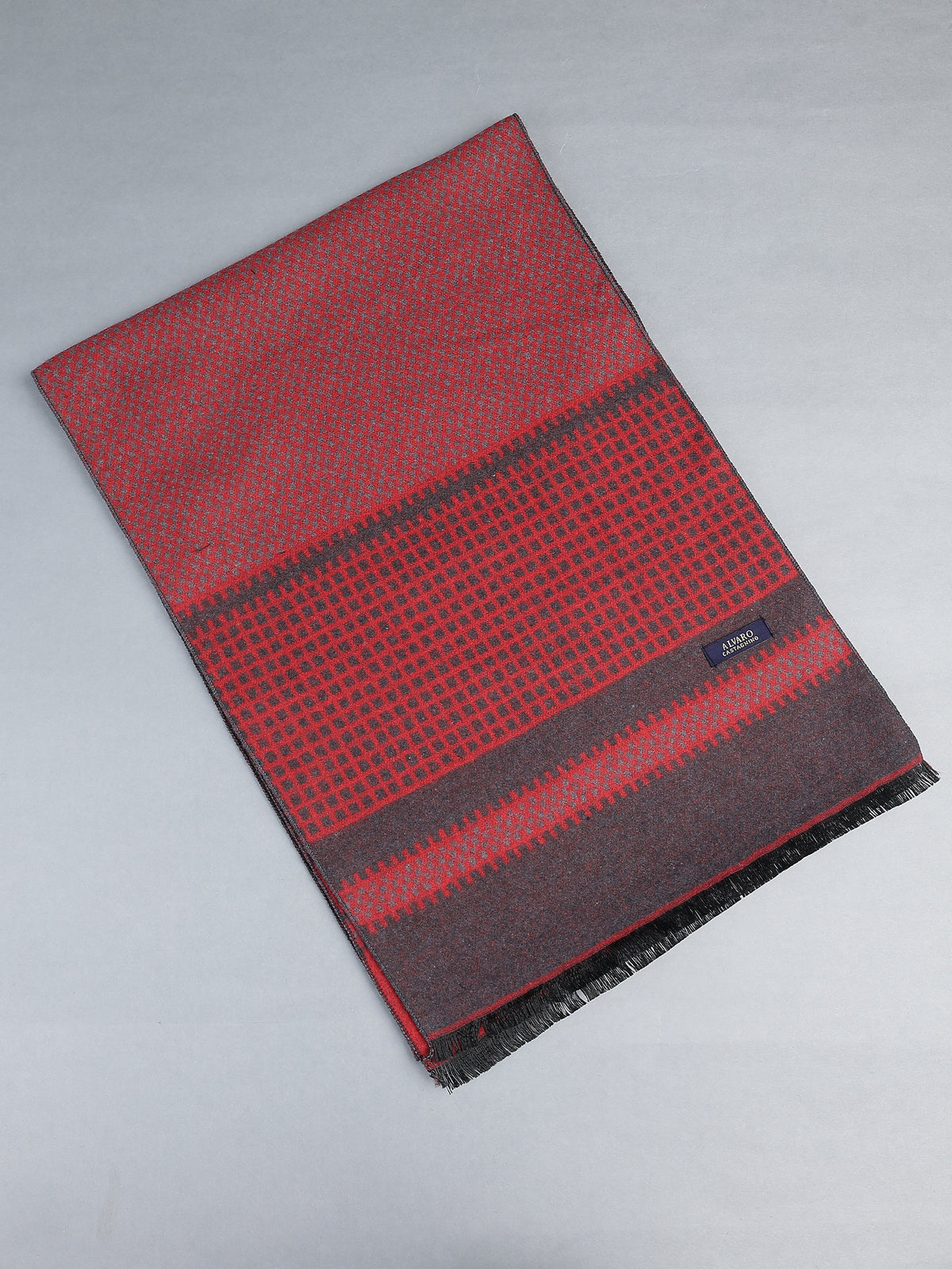 Crimson Red & Charcoal Geometric Micro-Pattern Winter Muffler