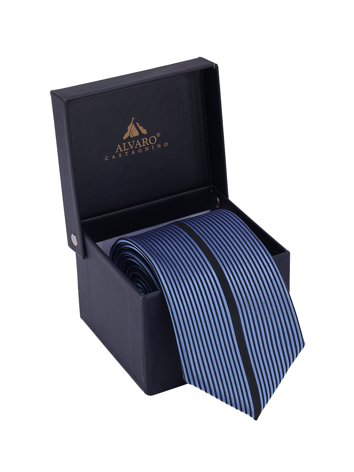 Center Accent Stripe Blue and Black Striped Necktie
