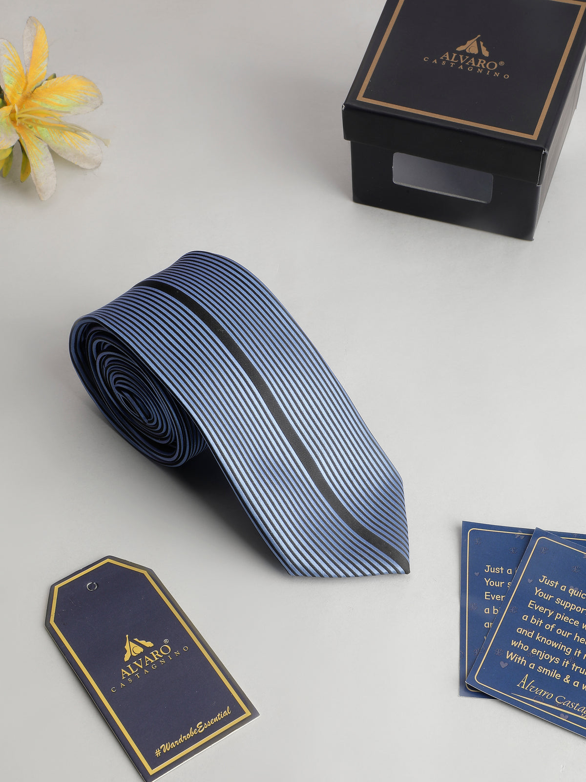 Center Accent Stripe Blue and Black Striped Necktie