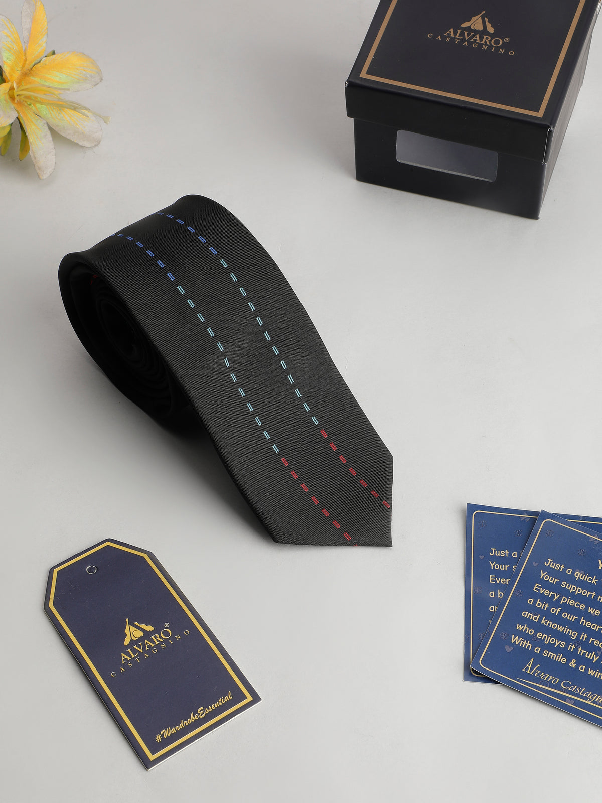Black Multicolor Vertical Dashed Stitching Silk Necktie