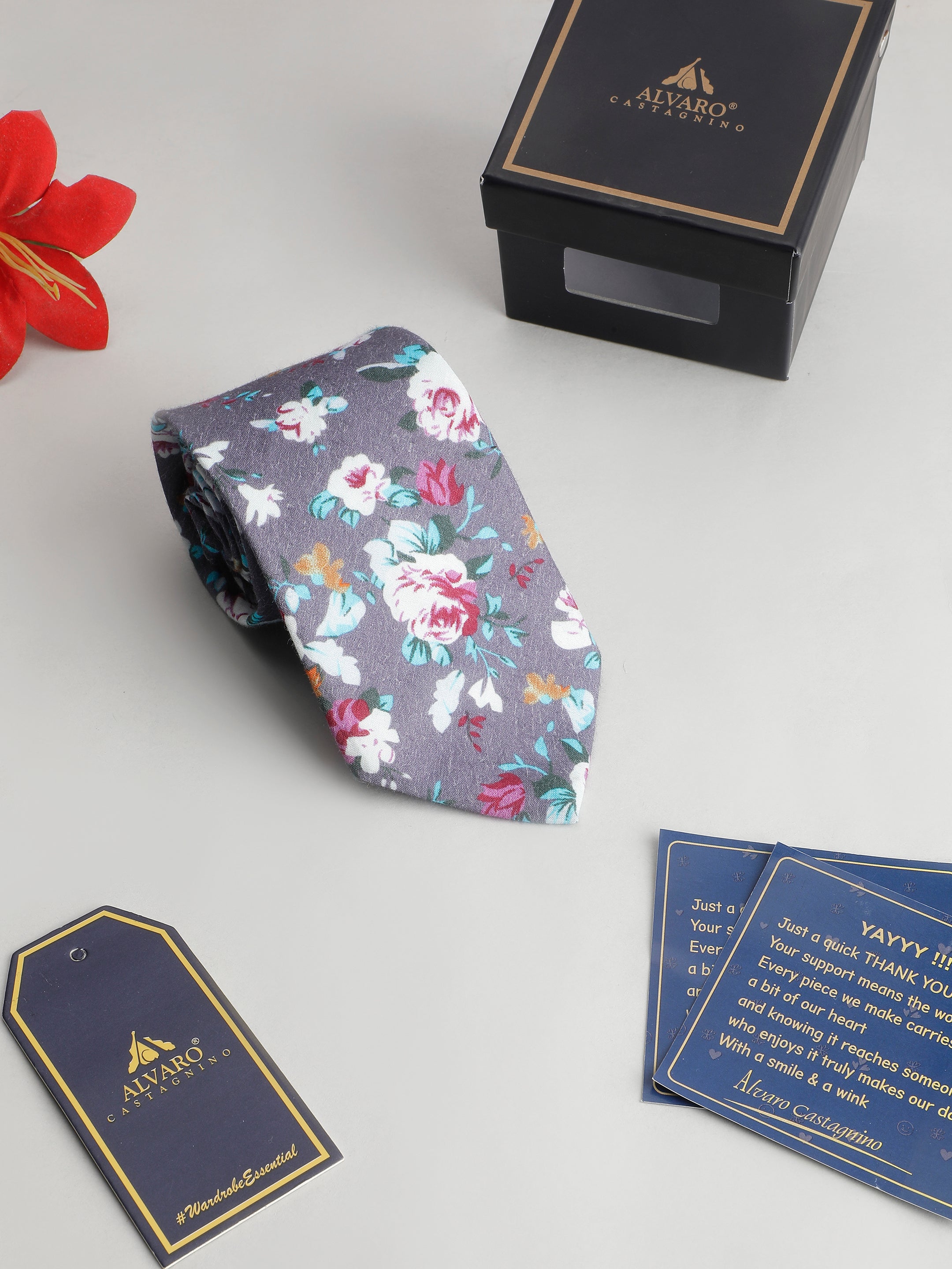 Slate Grey Floral Cotton Necktie