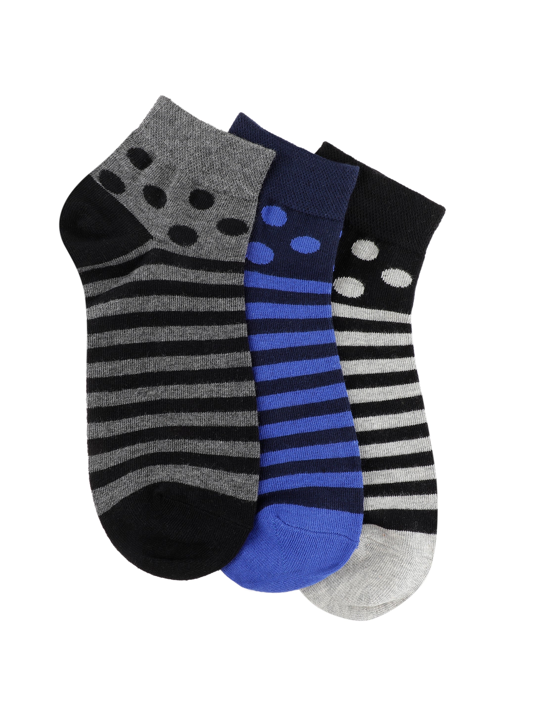 Grey, Blue & Black Polka Dot and Striped Ankle Socks
