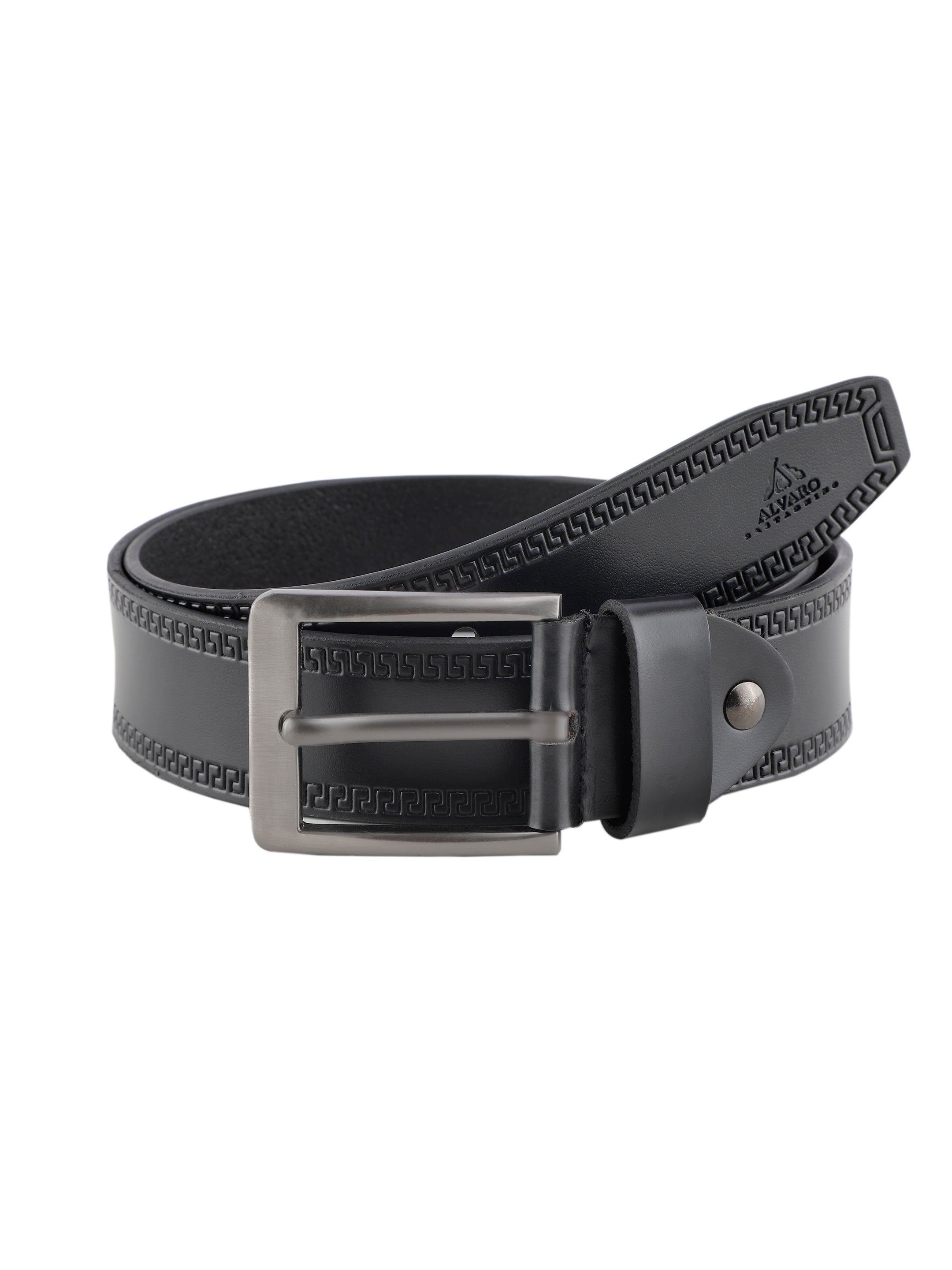 Greek Key Black Embossed Leather Belt