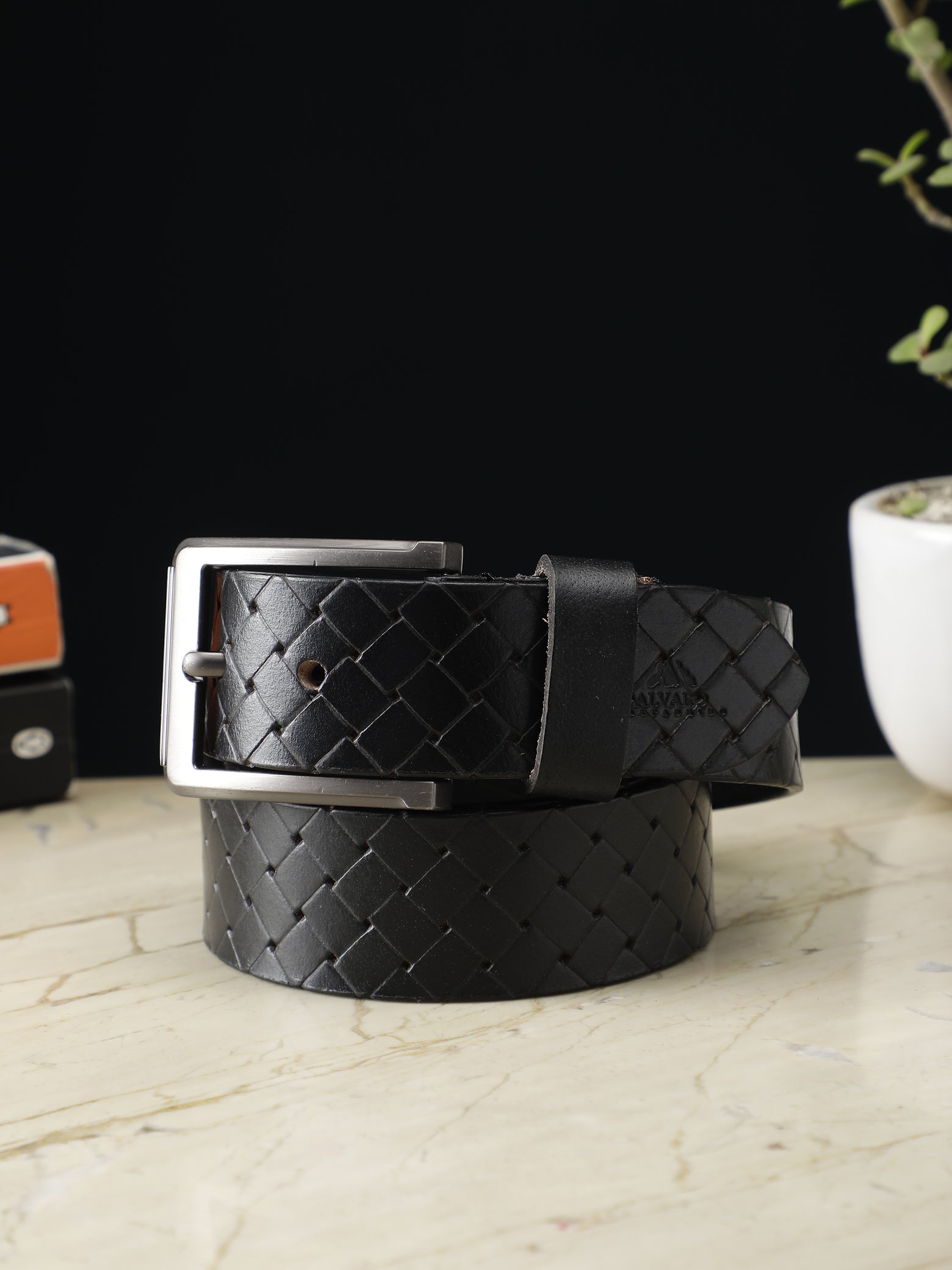 Basket Weave Black Leather Belt