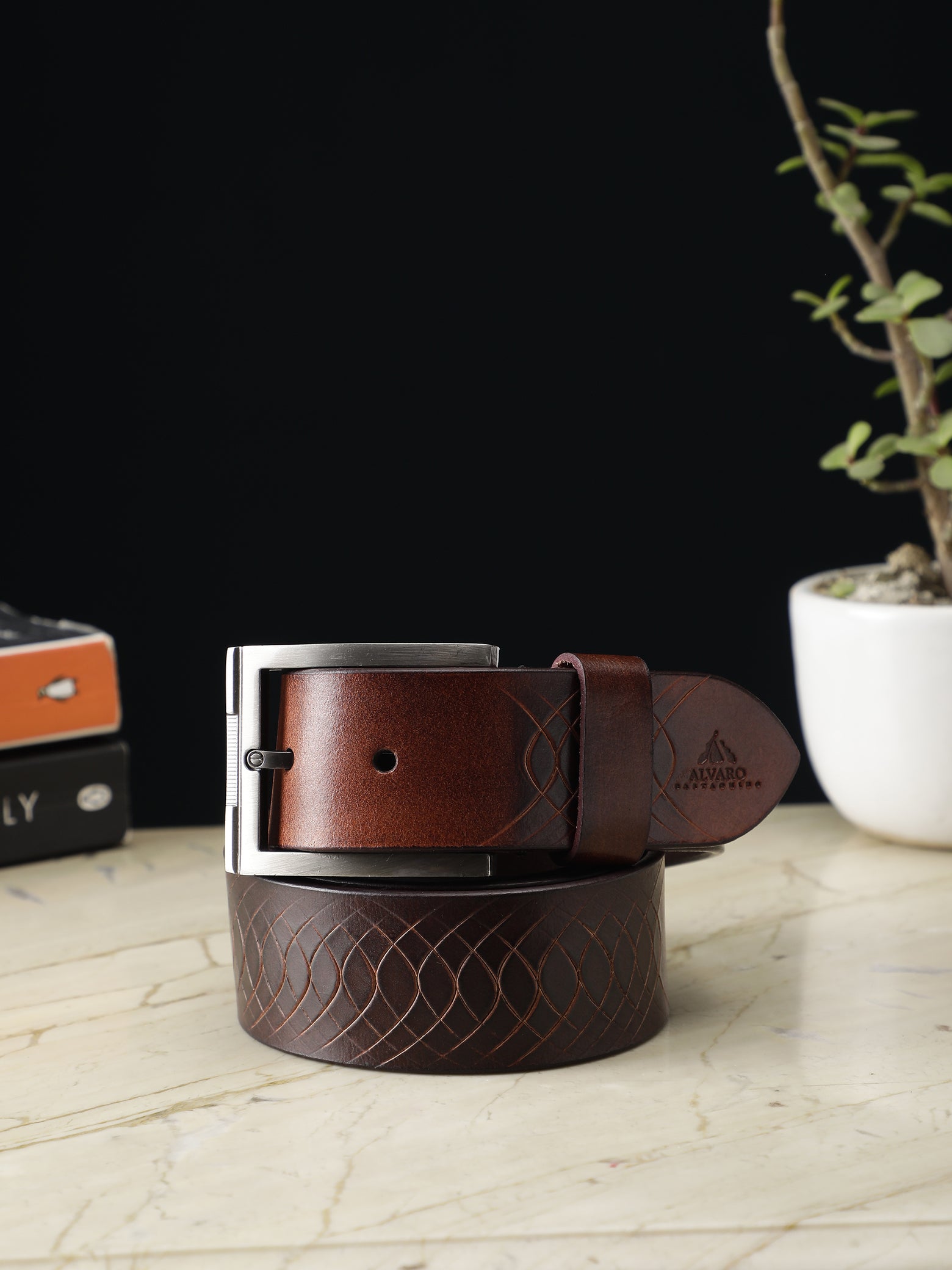 Arc Embossed Brown Leather Belt