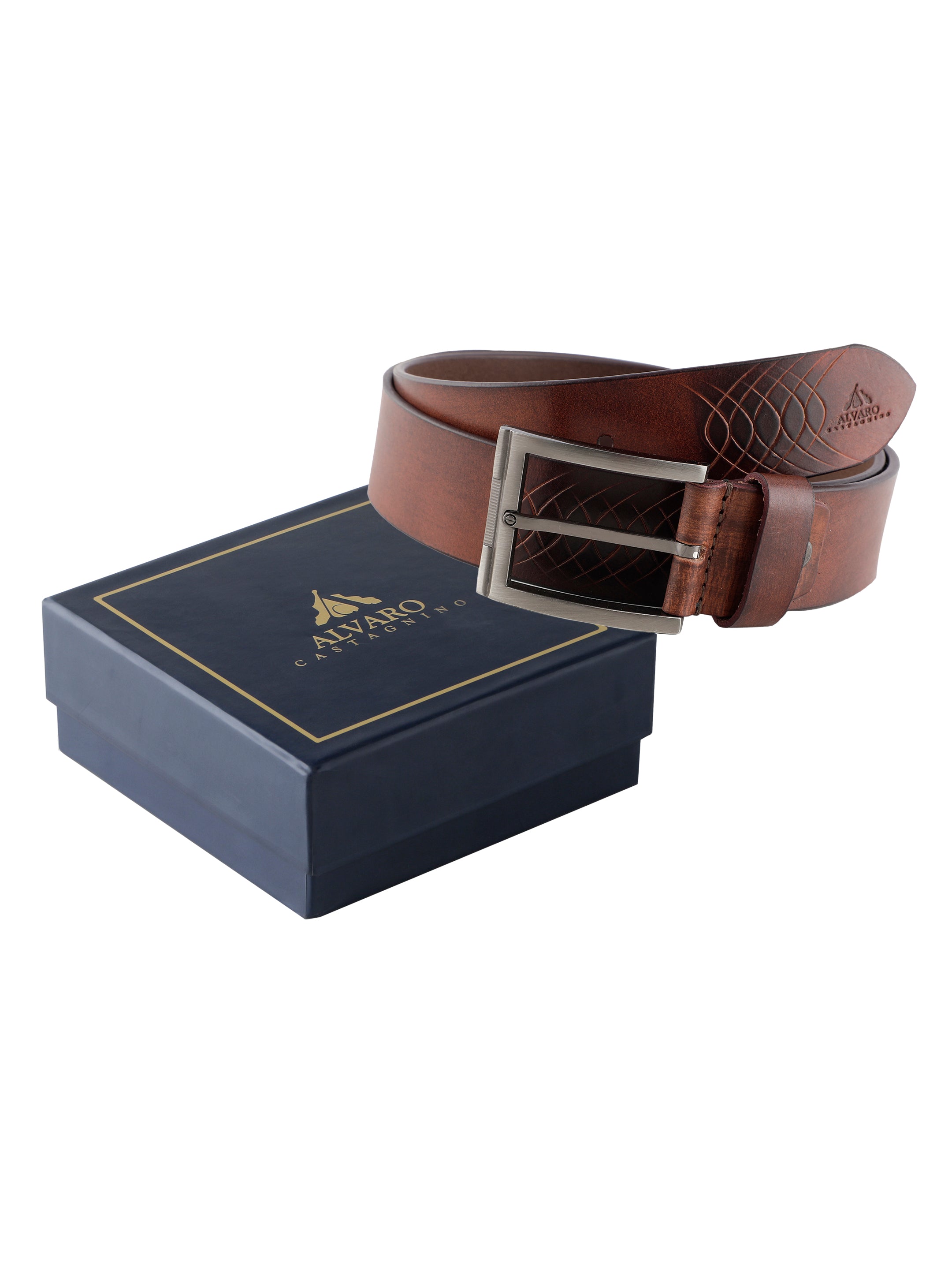 Arc Embossed Brown Leather Belt