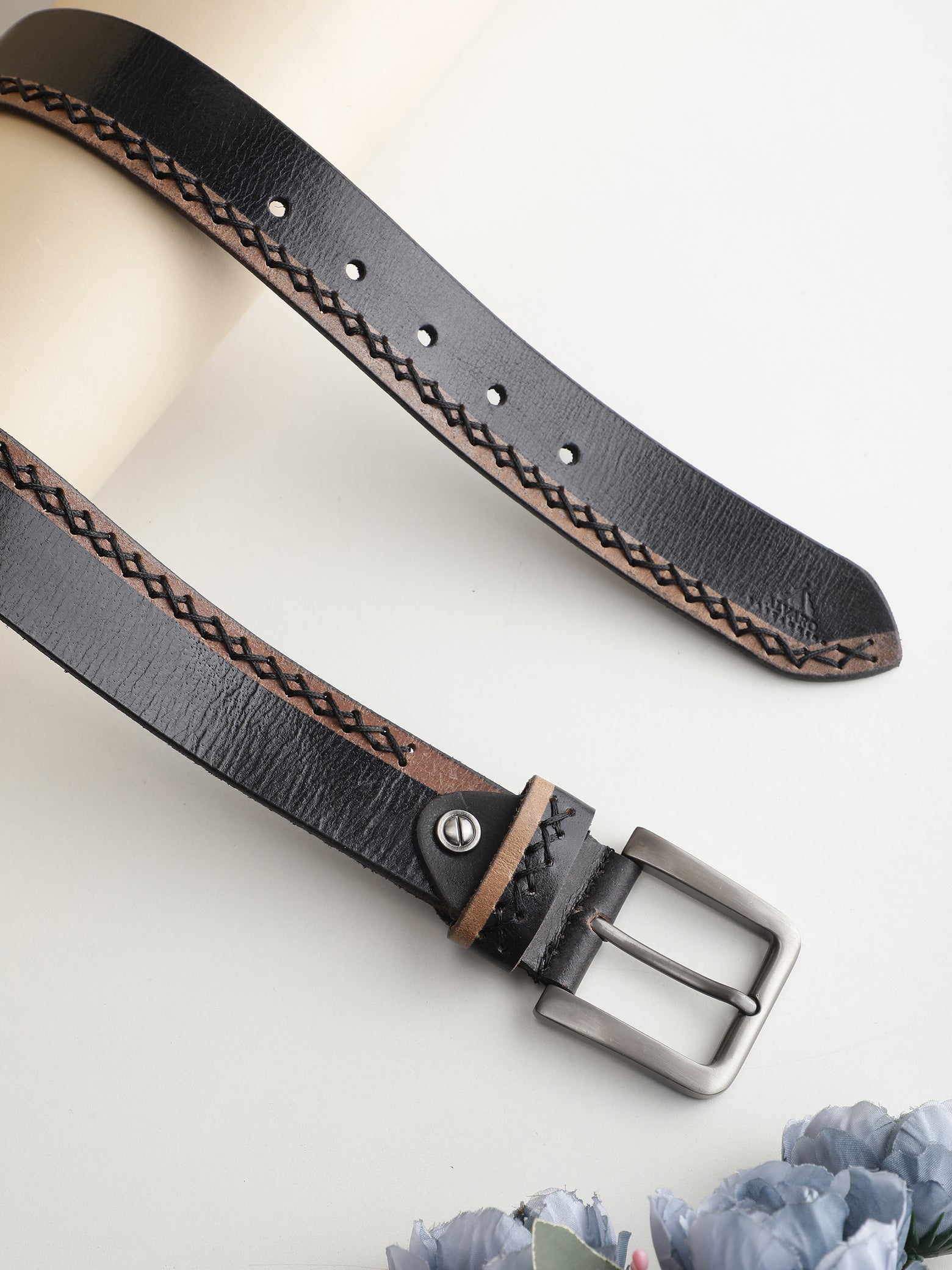 Tan Whipstitch Black Leather Belt