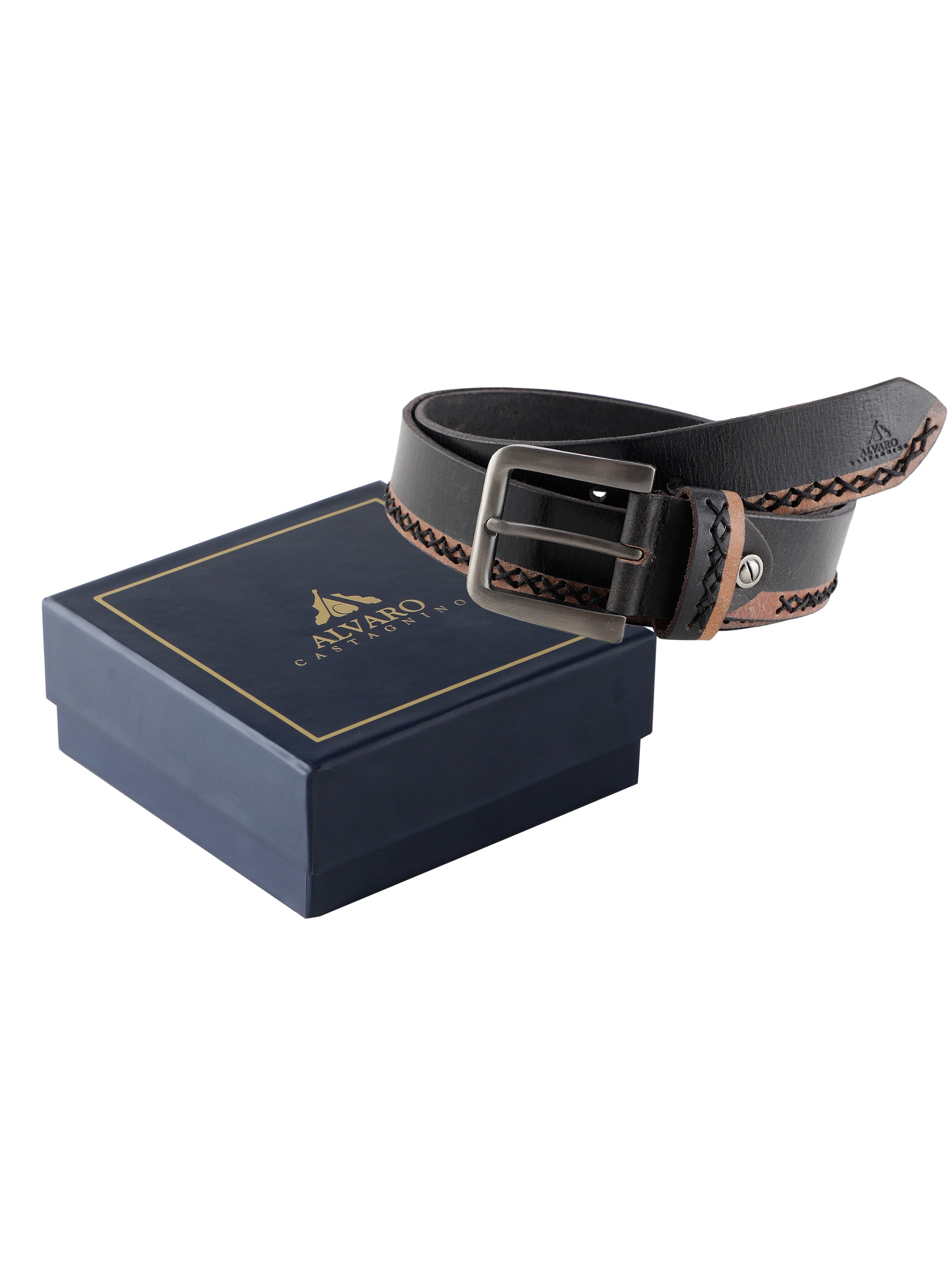 Tan Whipstitch Black Leather Belt
