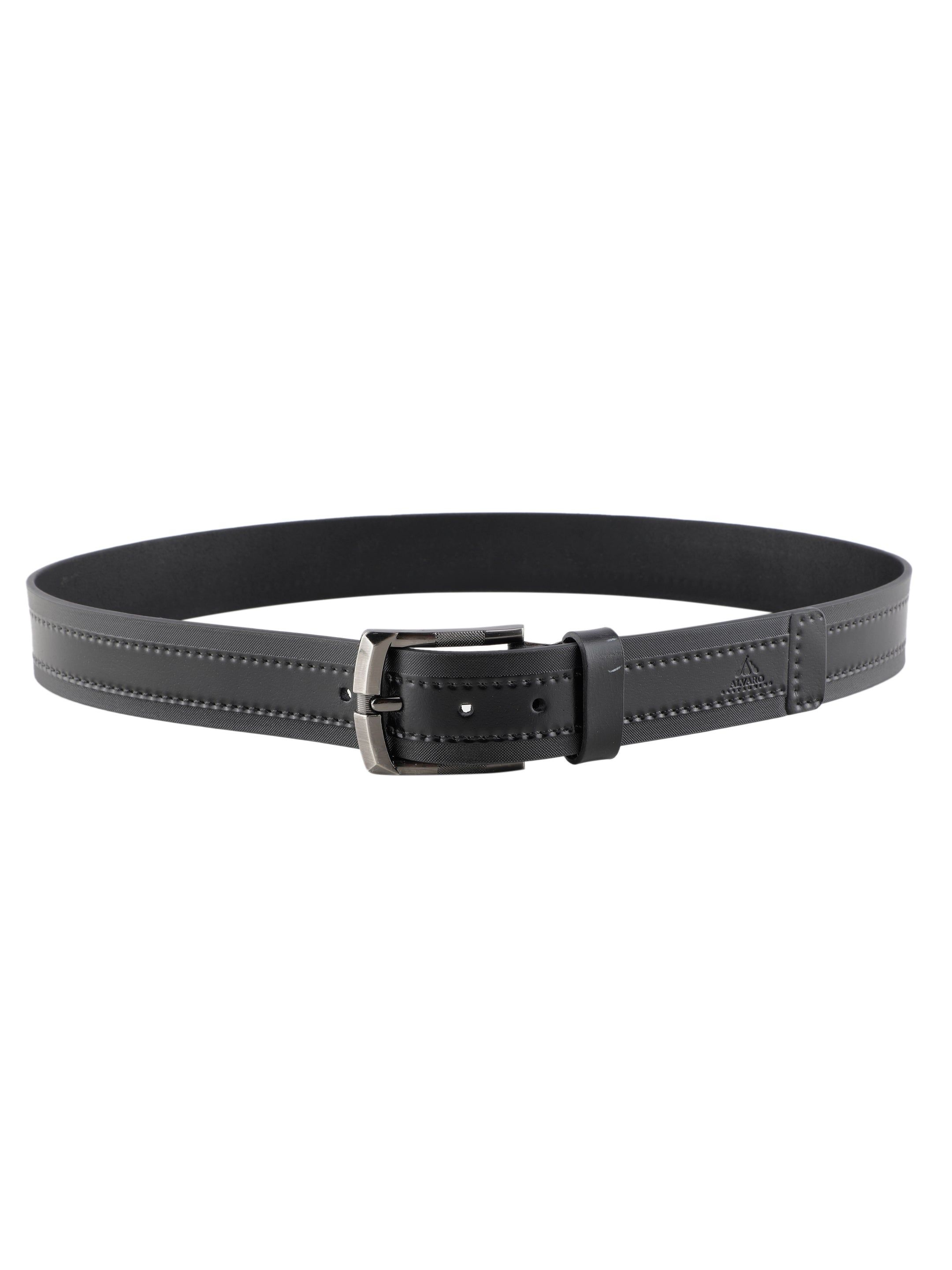 Embossed Borders Black Striped Leather Belt