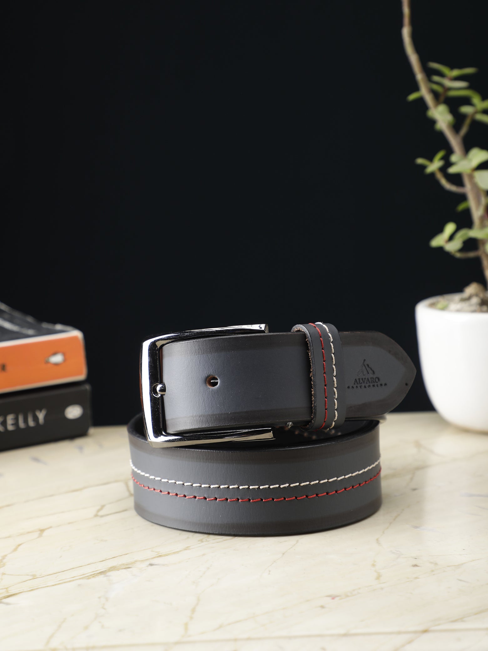 Contrast Stitched Grey Striped Leather Belt