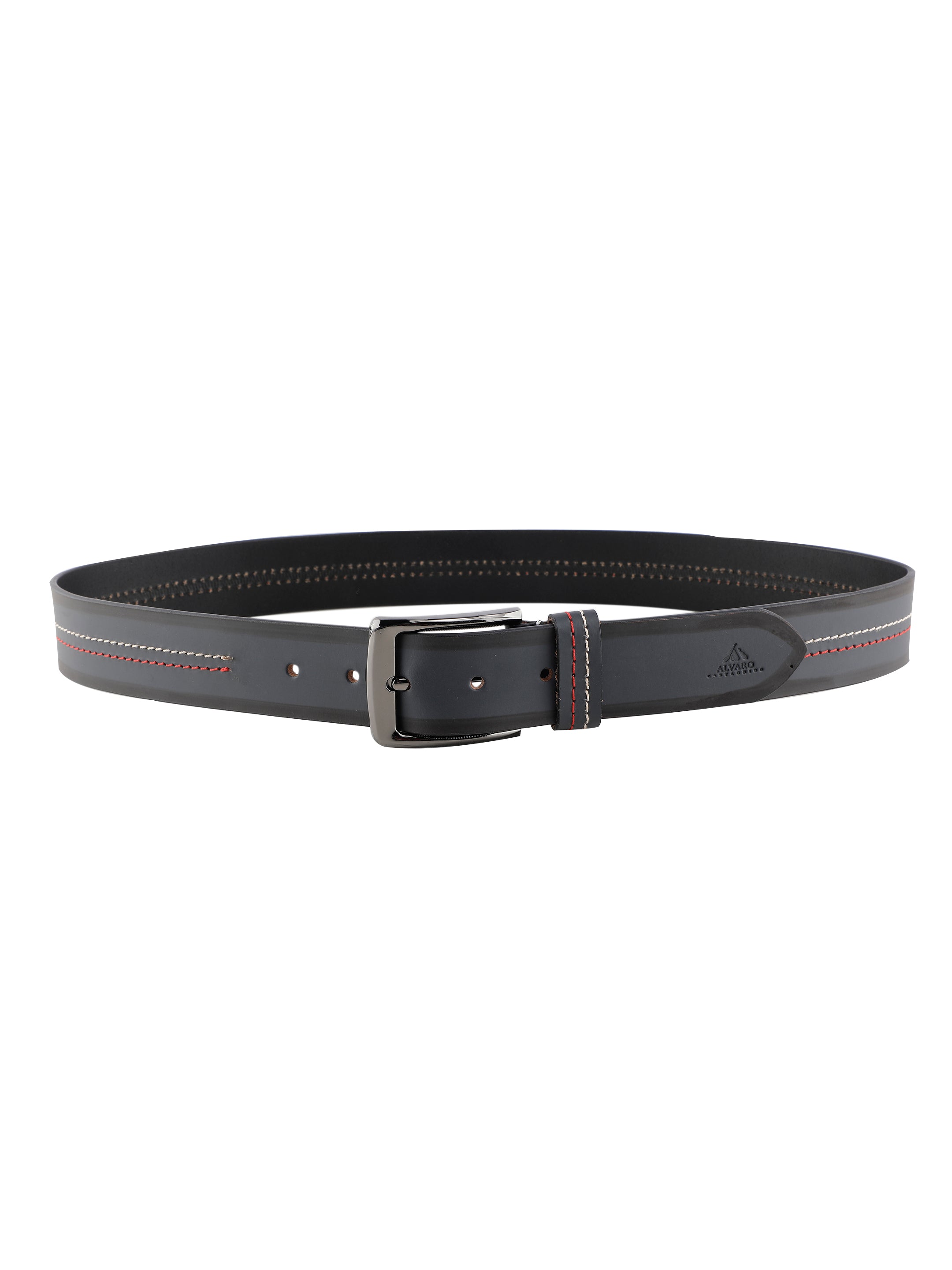 Contrast Stitched Grey Striped Leather Belt