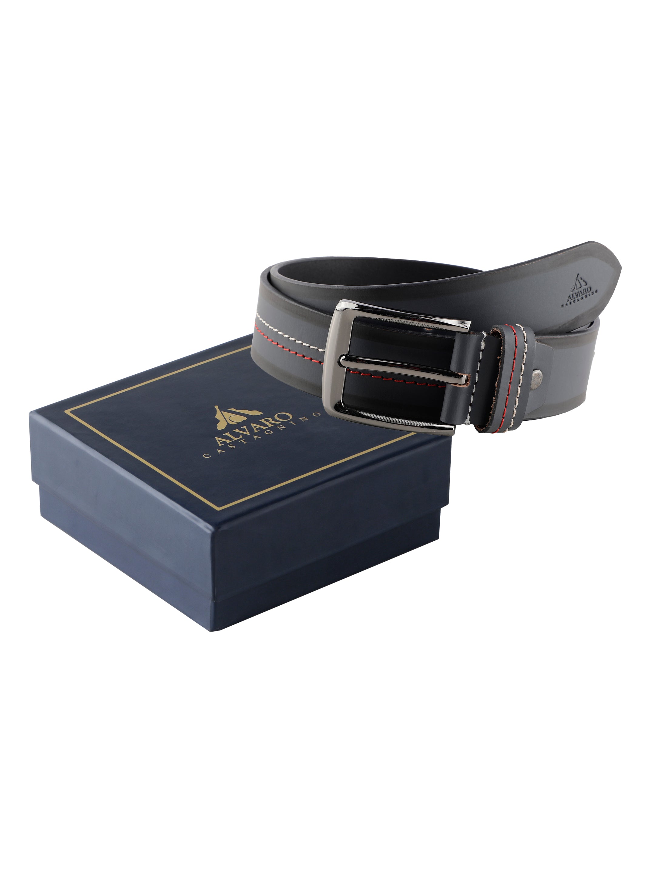 Contrast Stitched Grey Striped Leather Belt