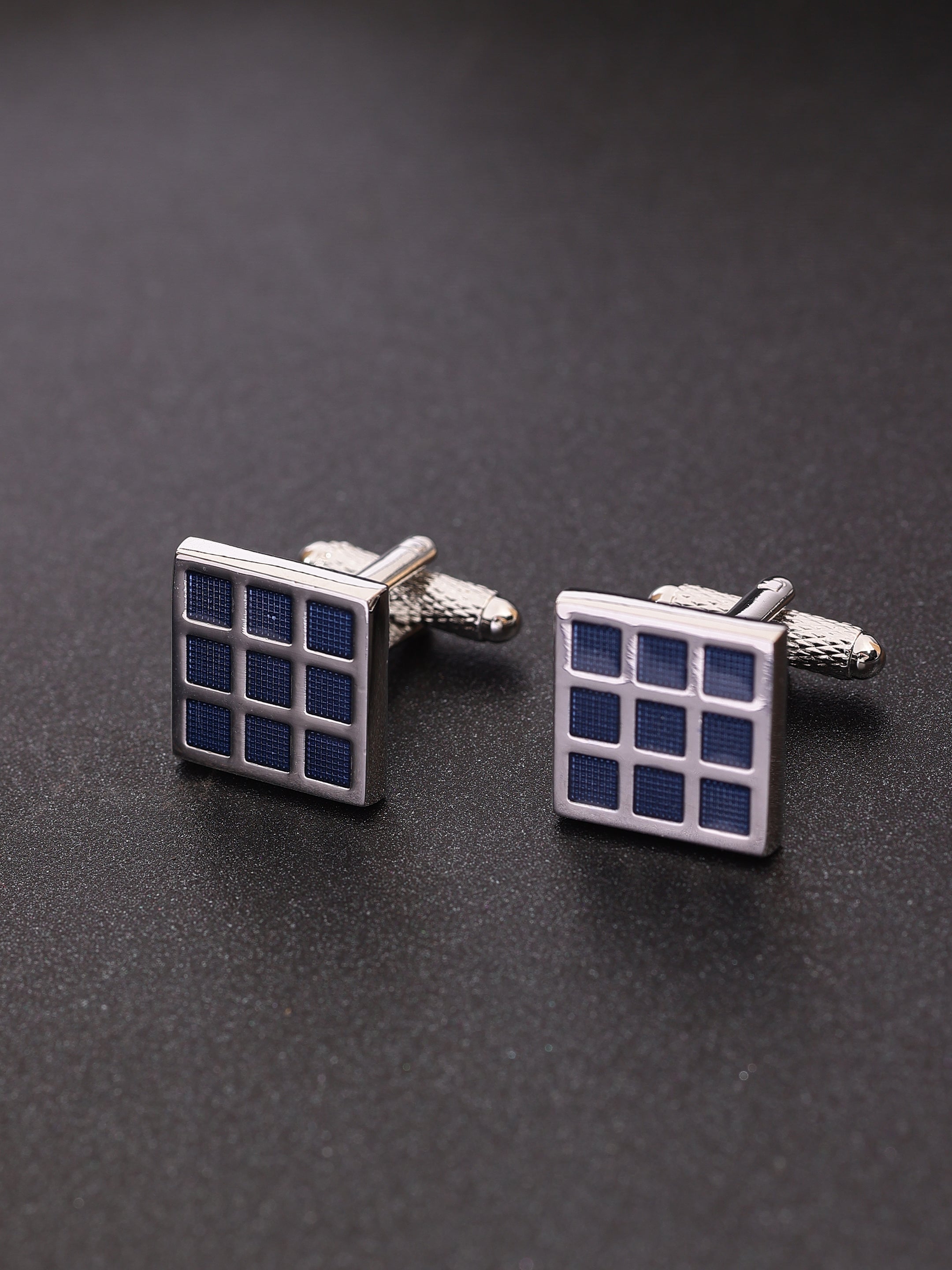Silver & Navy Blue Grid Cufflink