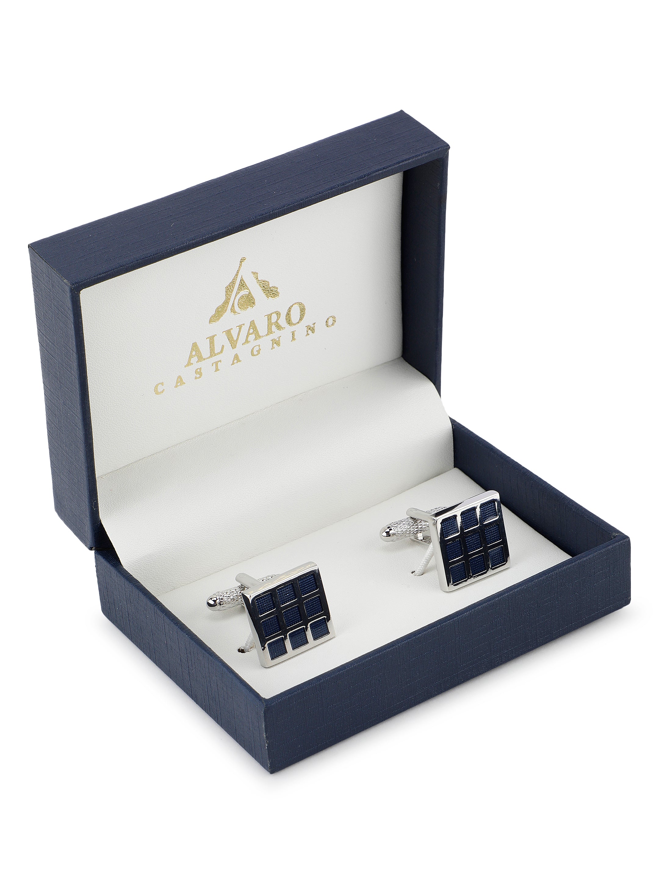 Silver & Navy Blue Grid Cufflink