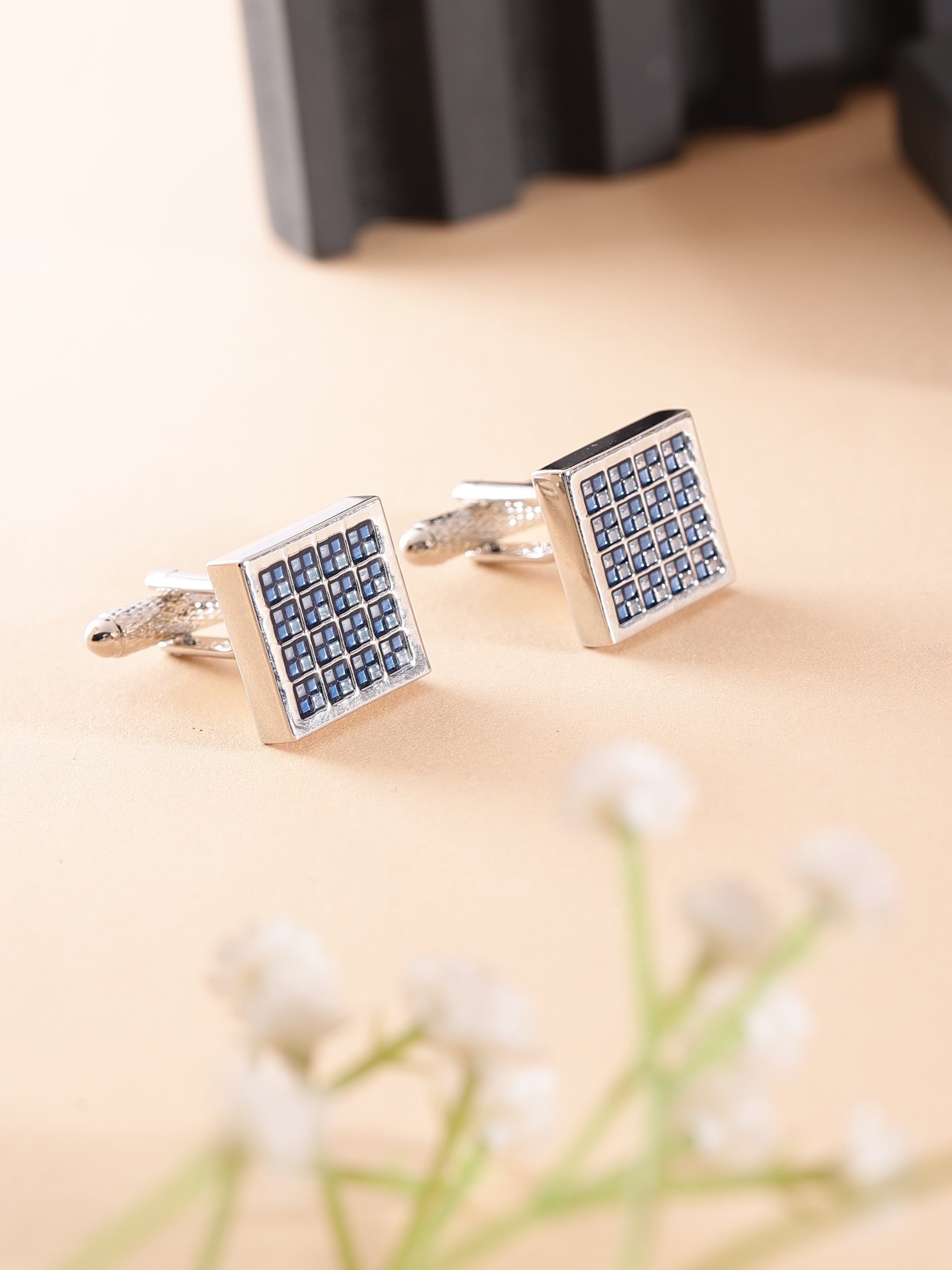 Silver Blue Crystal Grid Cufflink