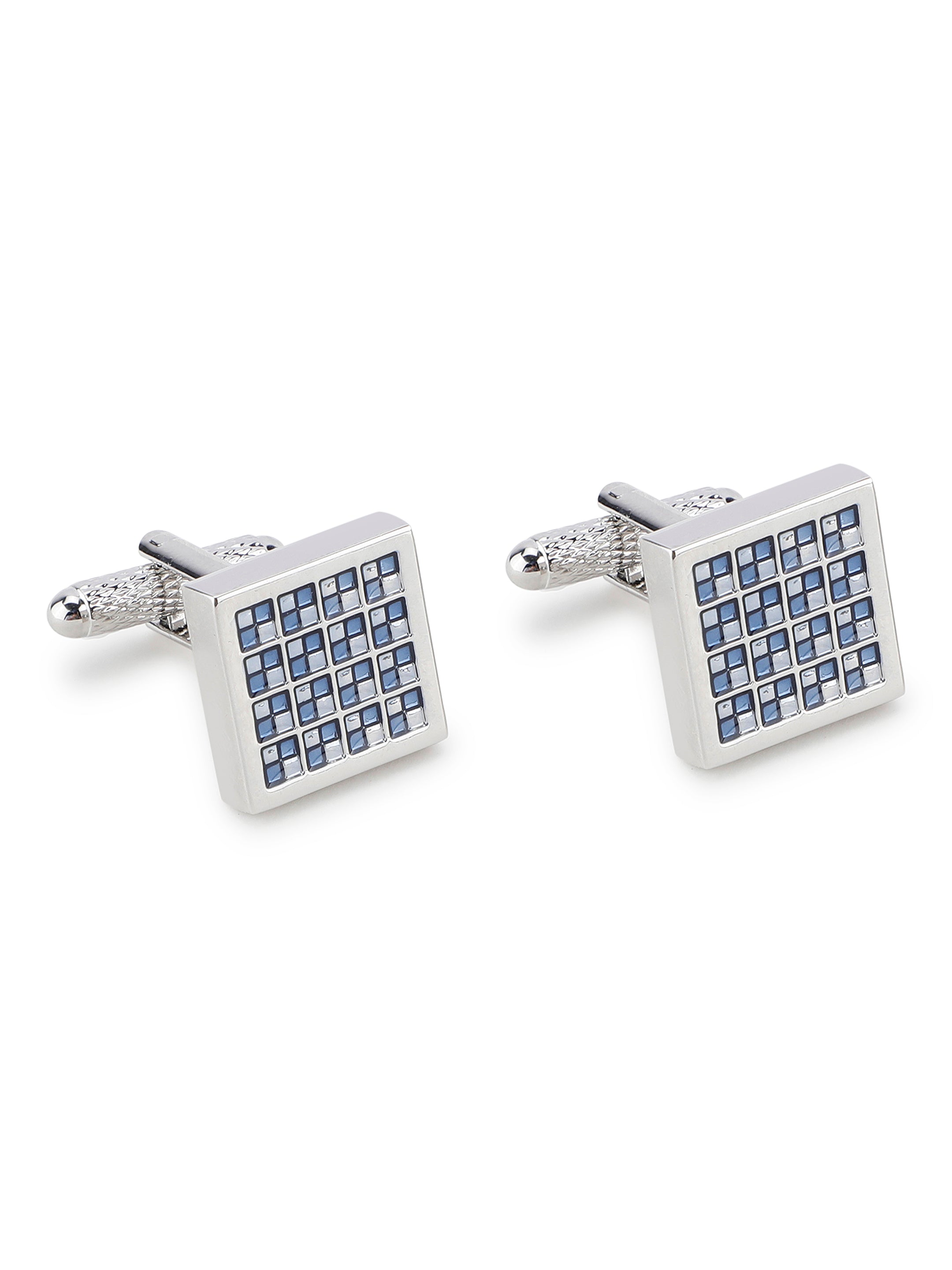 Silver Blue Crystal Grid Cufflink