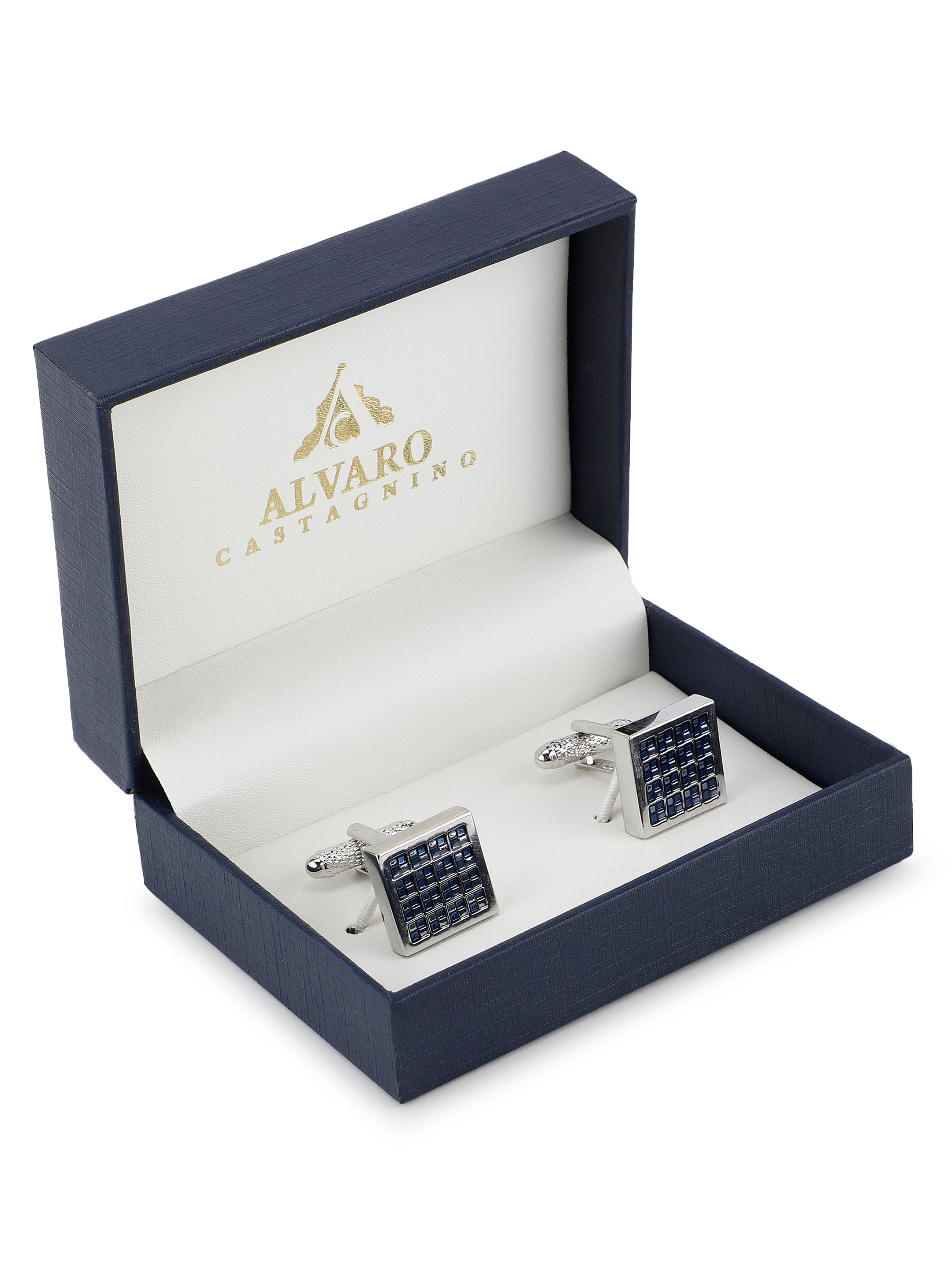 Silver Blue Crystal Grid Cufflink