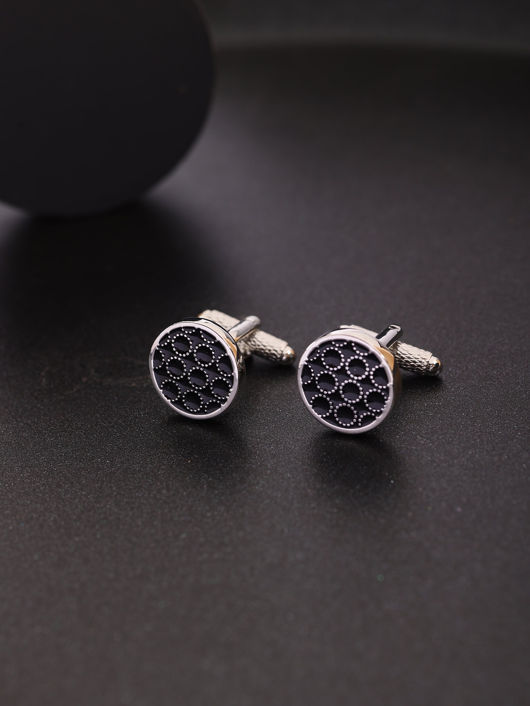 Silver & Black Patterned Round Cufflink