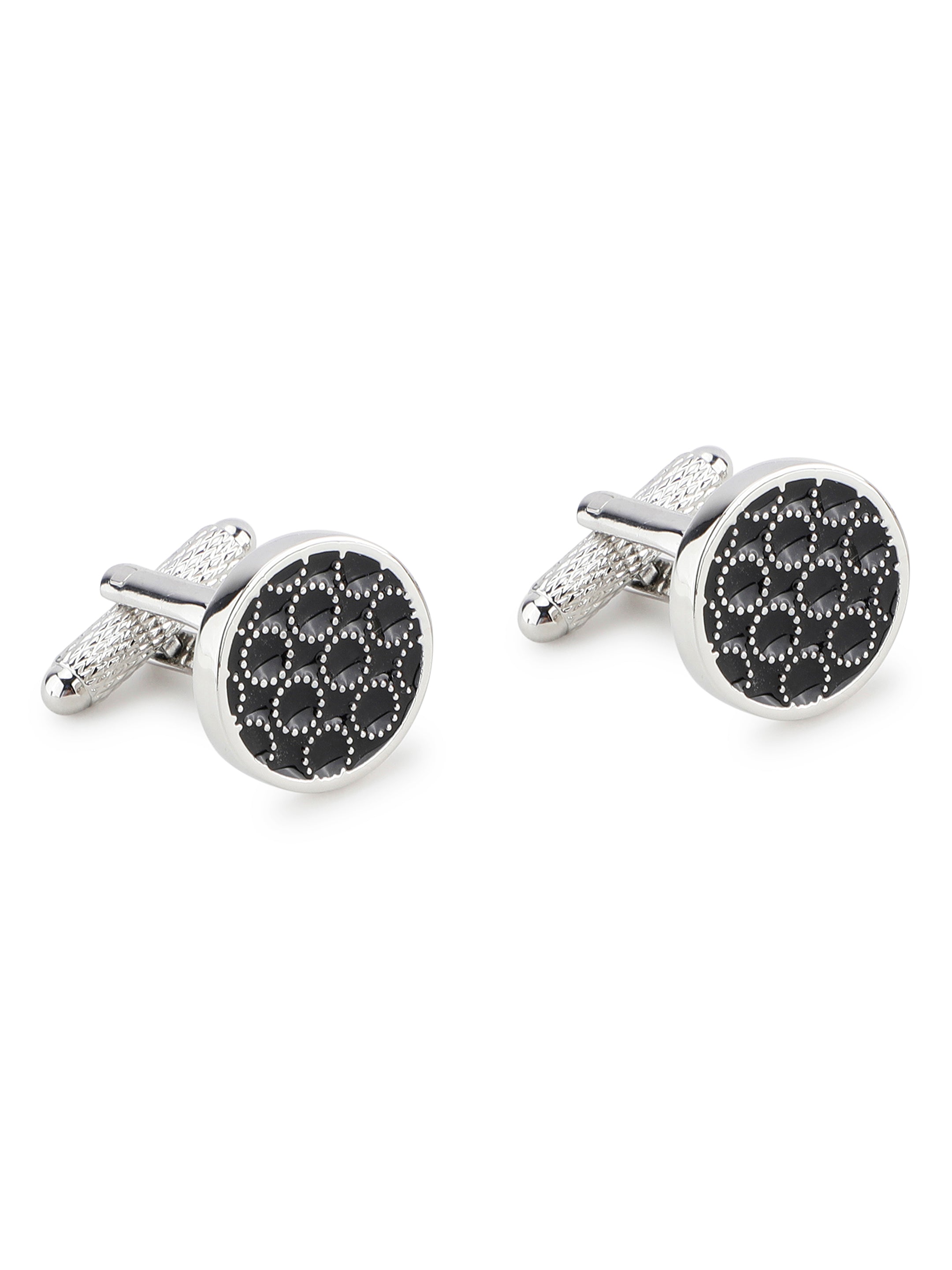 Silver & Black Patterned Round Cufflink