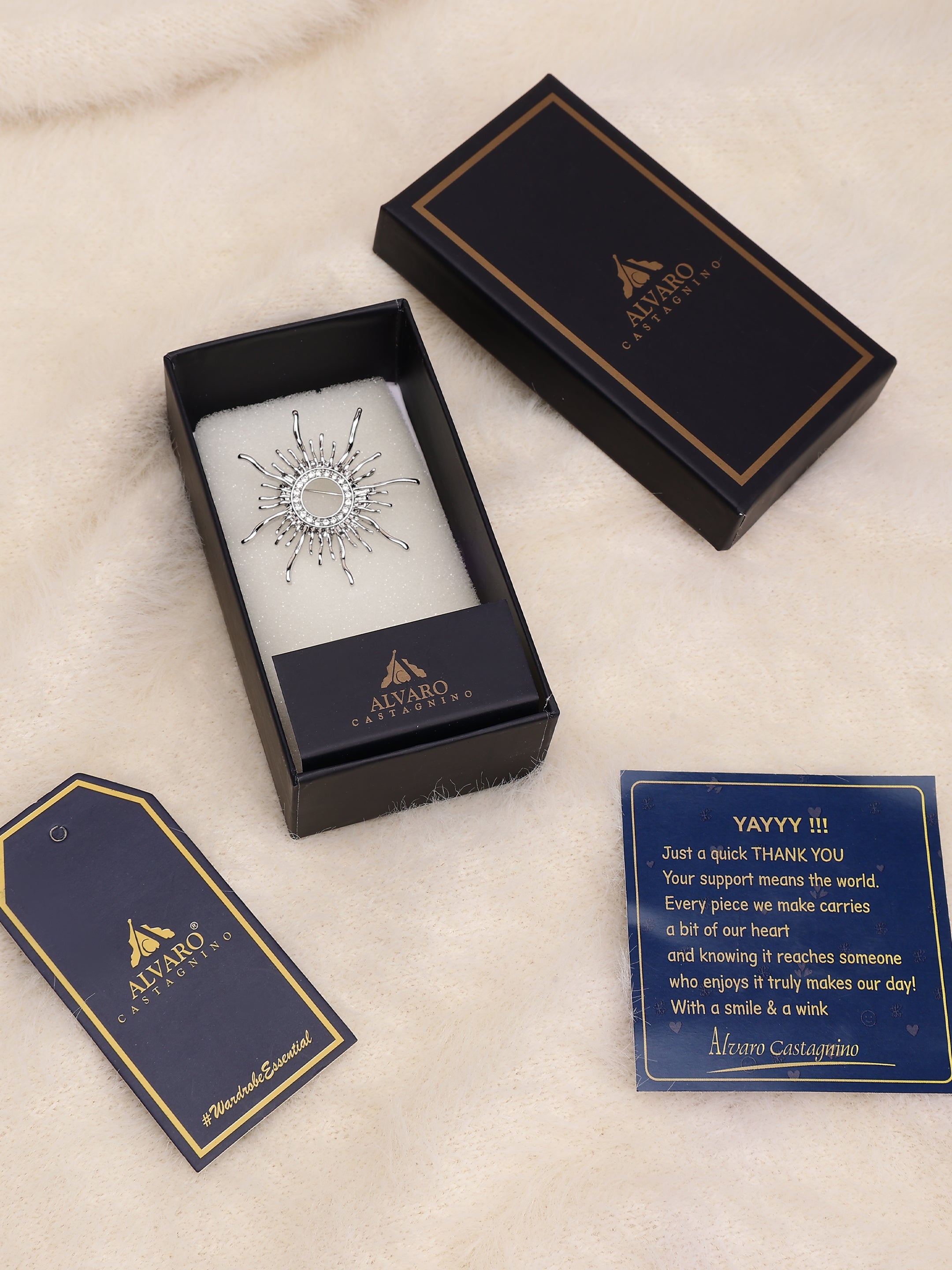 Silver-Tone Sunburst Crystal Brooch
