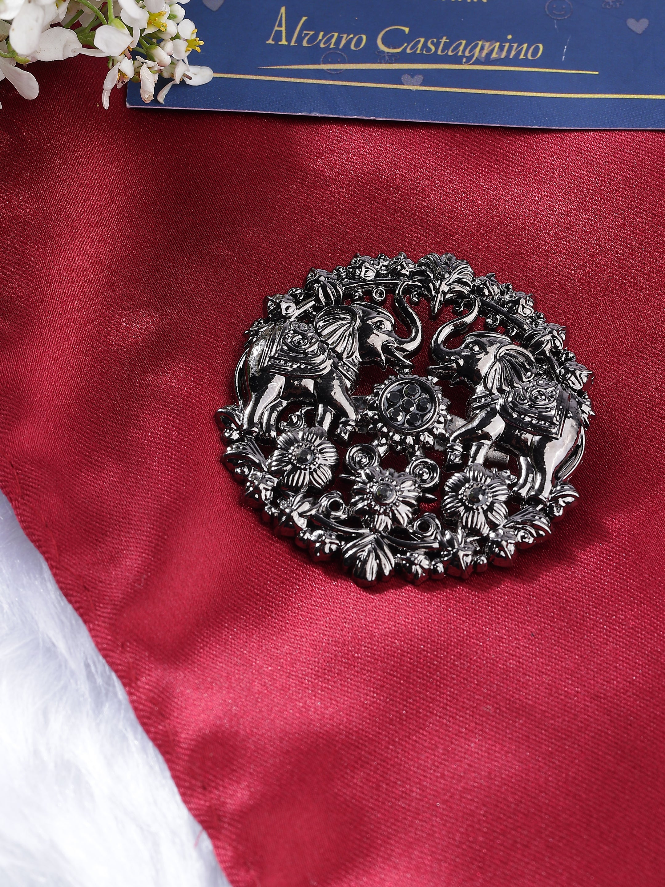 Ornate Elephant Circular Brooch