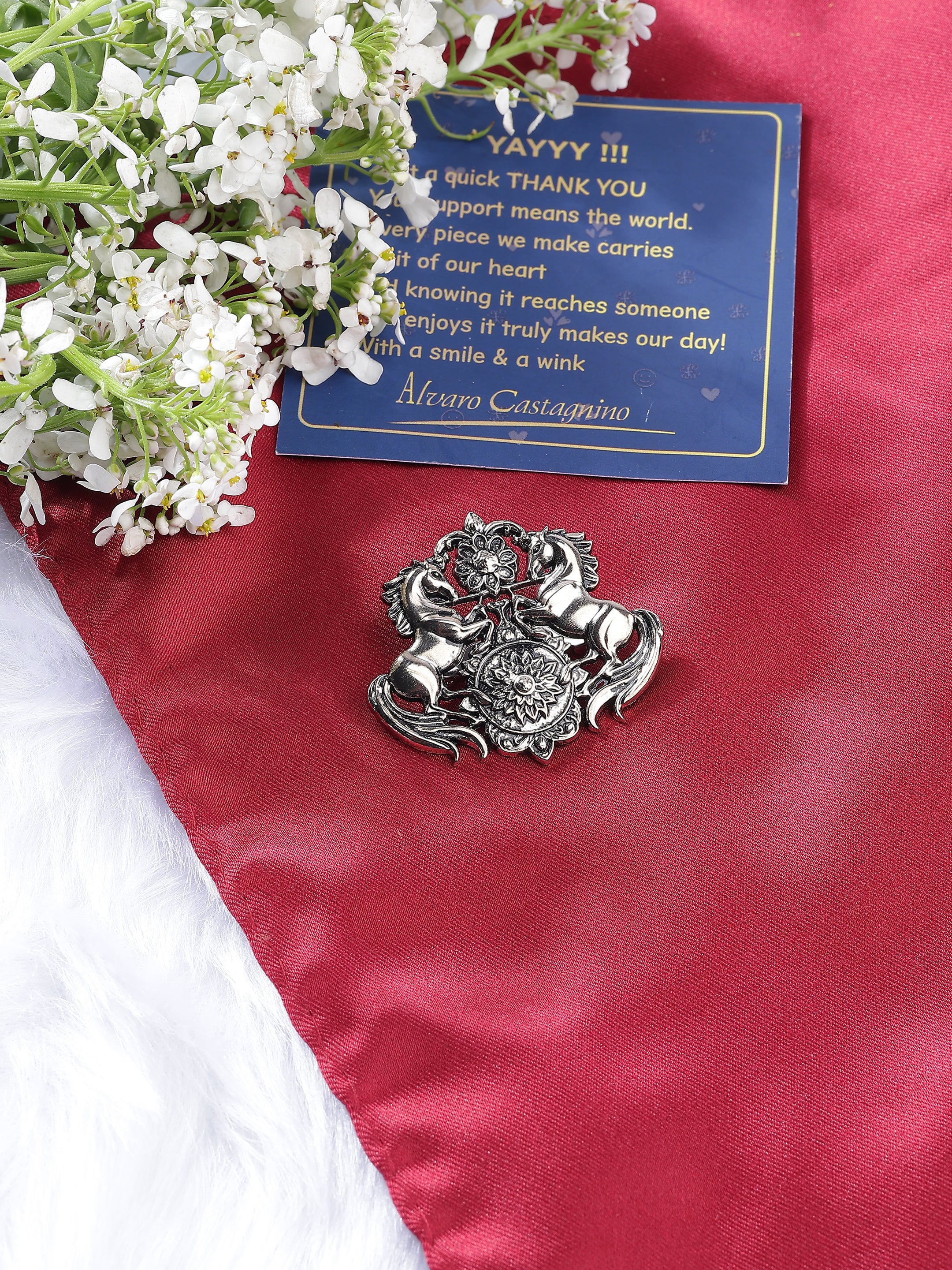 Ornate Dual Horse & Floral Brooch