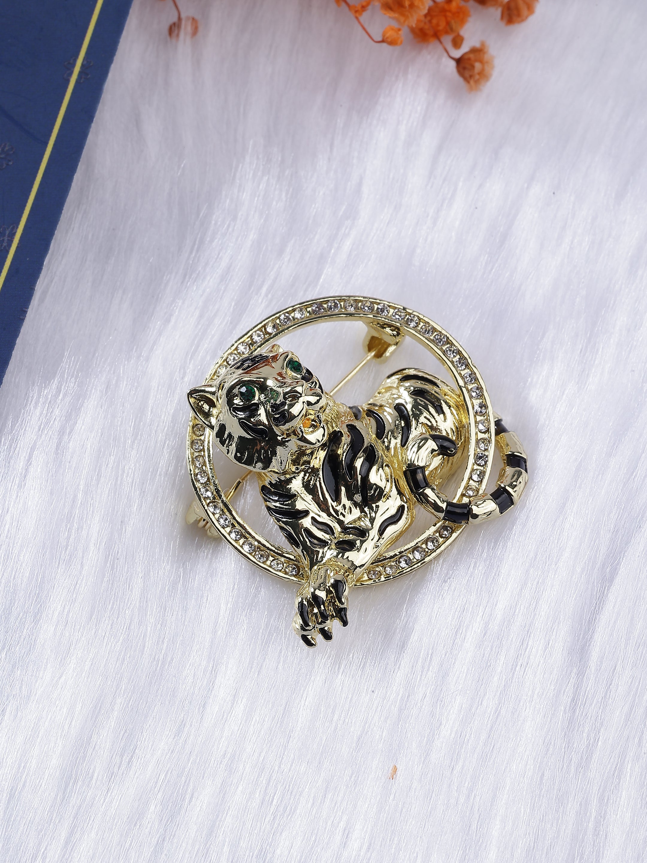 Circular Enameled Tiger Brooch