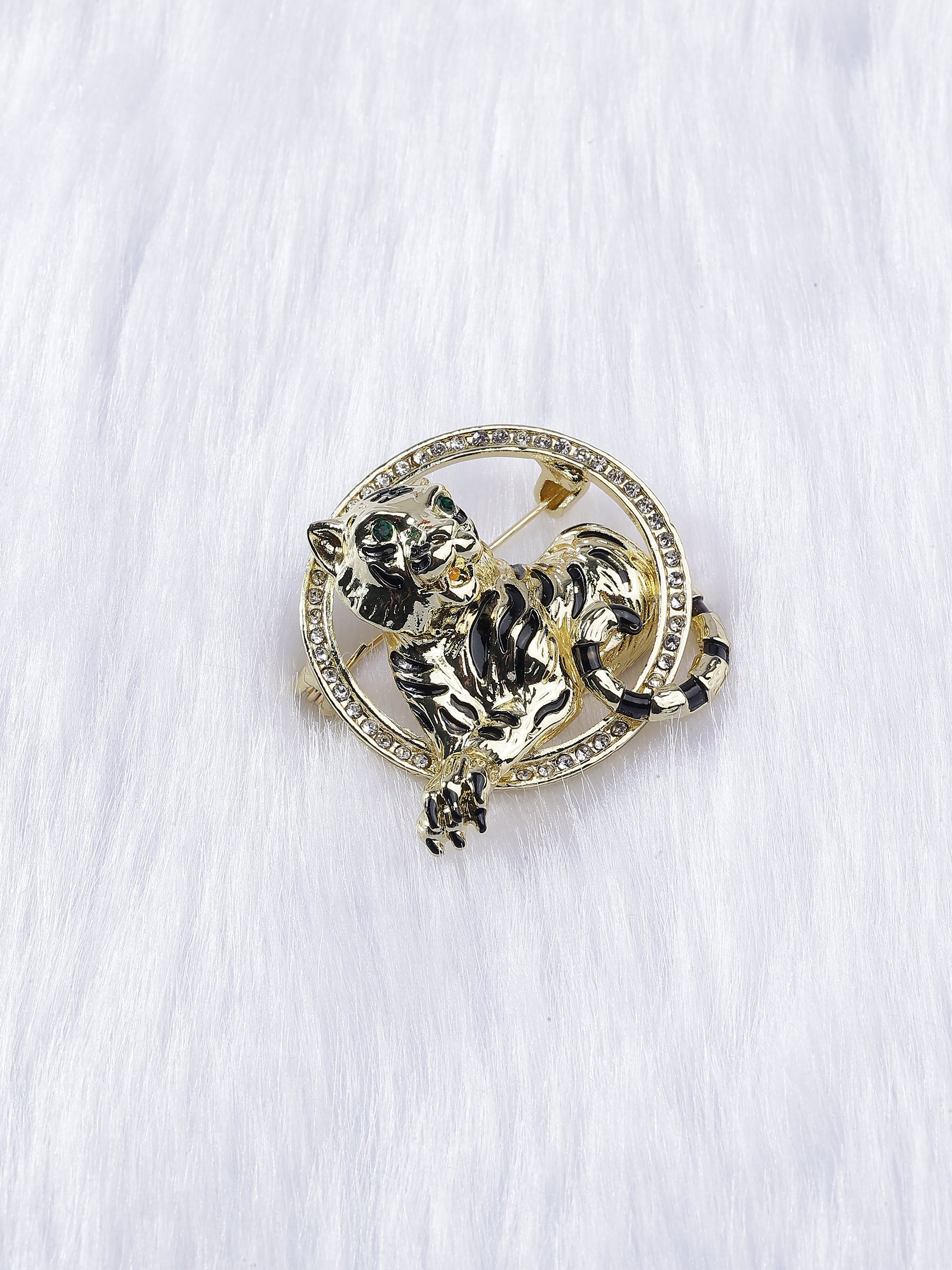 Circular Enameled Tiger Brooch