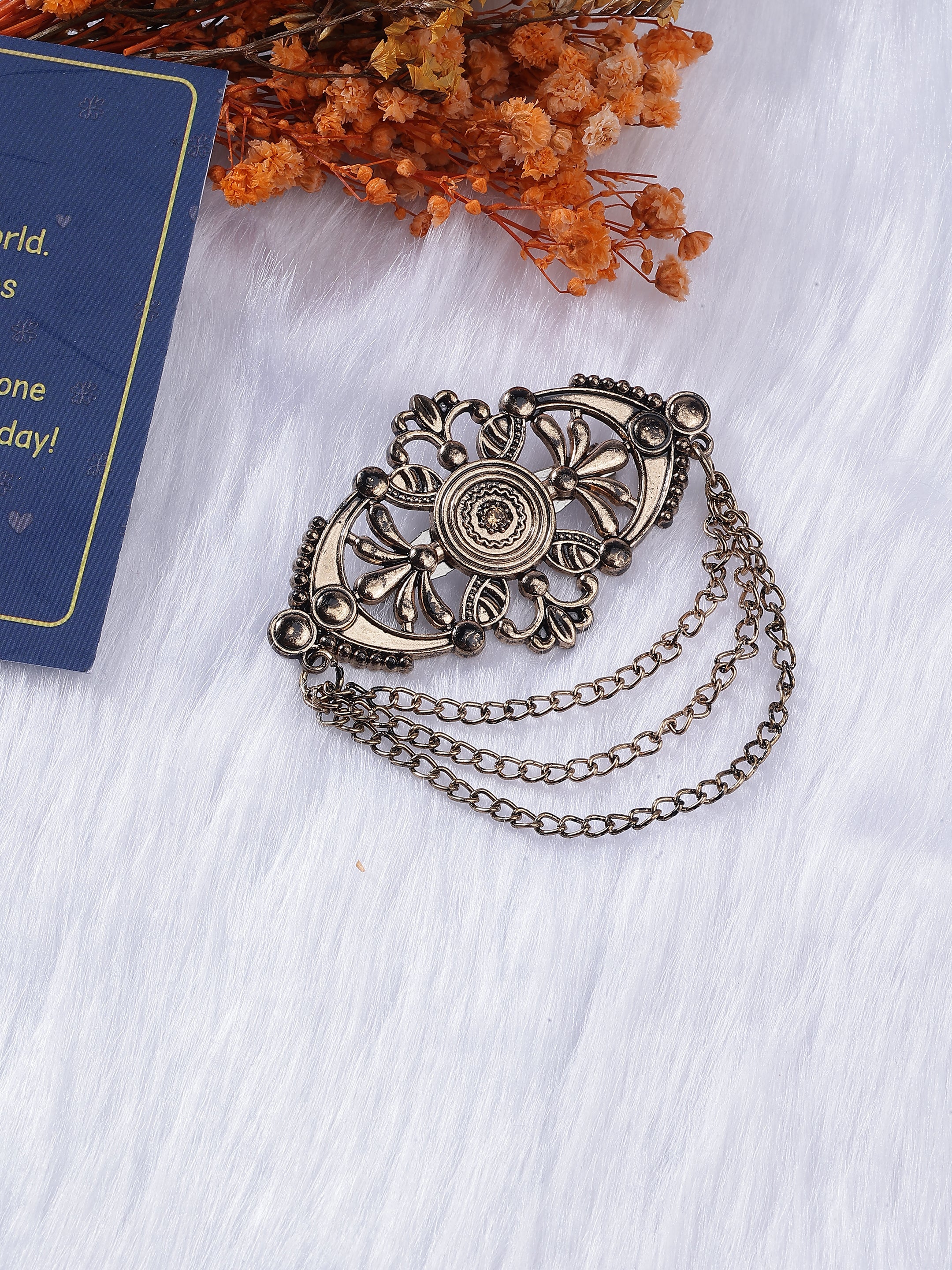 Gold-Toned Ornate Filigree Chain Brooch
