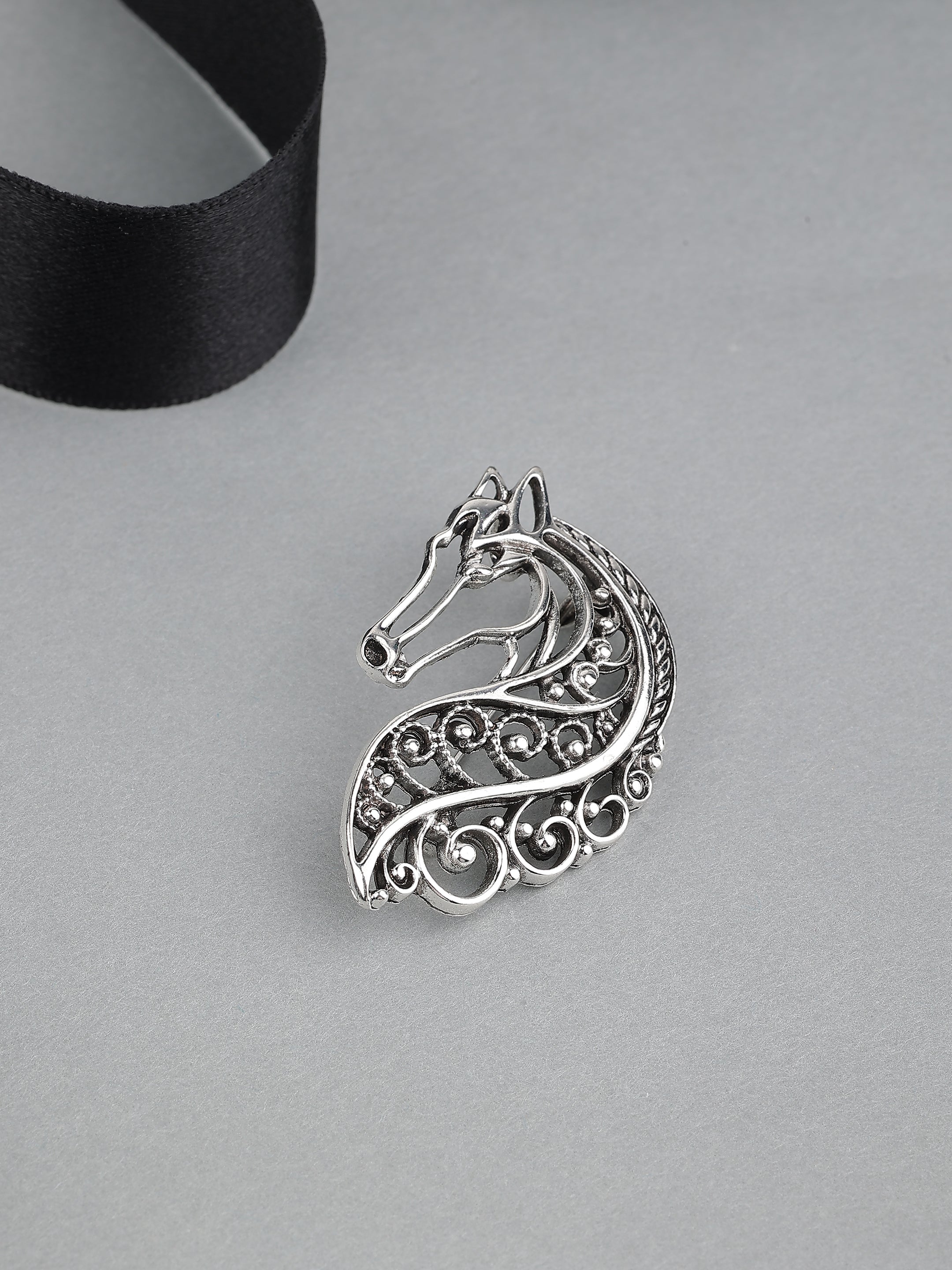 Silver-Tone Filigree Horse Brooch