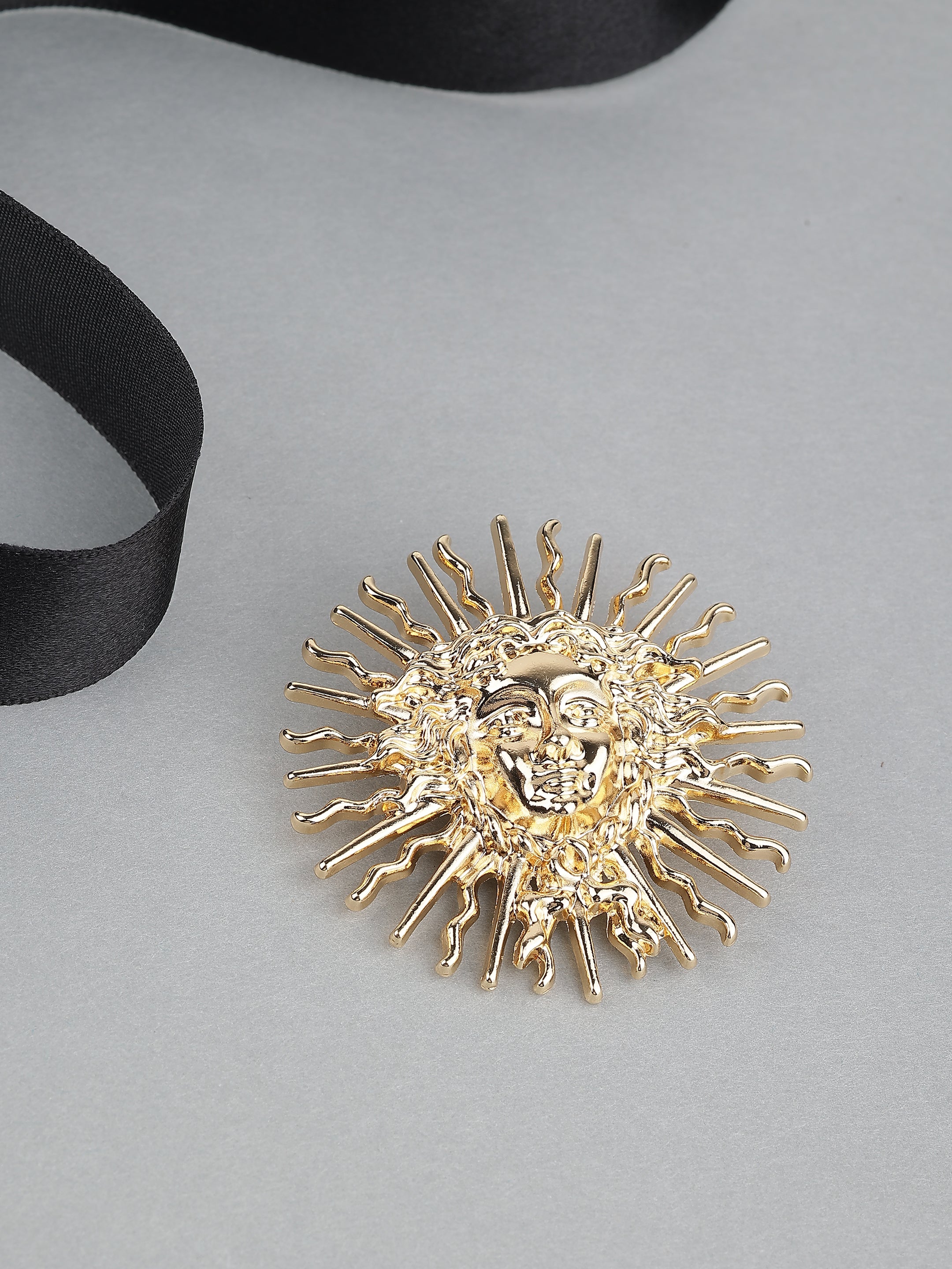 Gold-Tone Sun Face Brooch