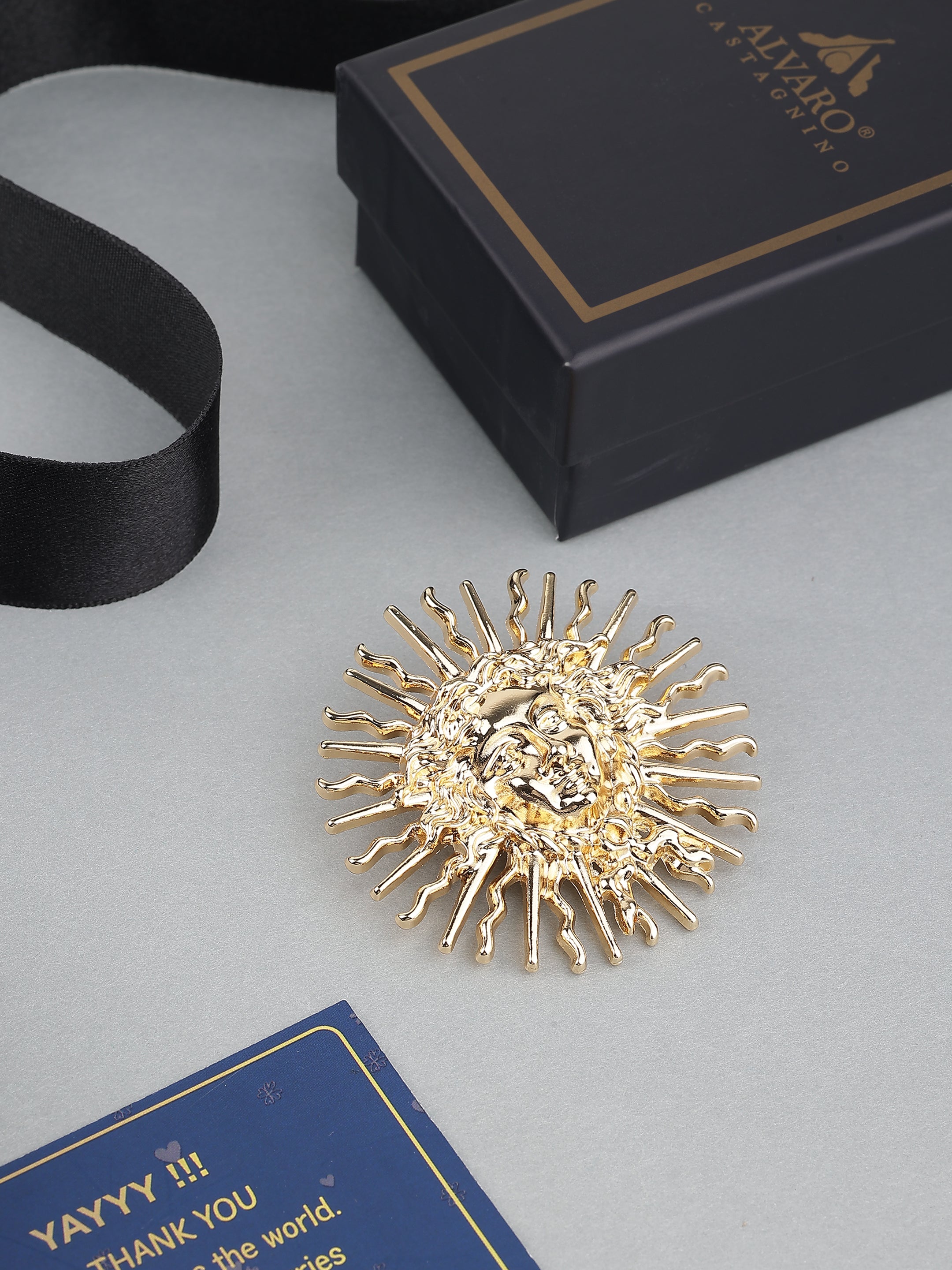 Gold-Tone Sun Face Brooch