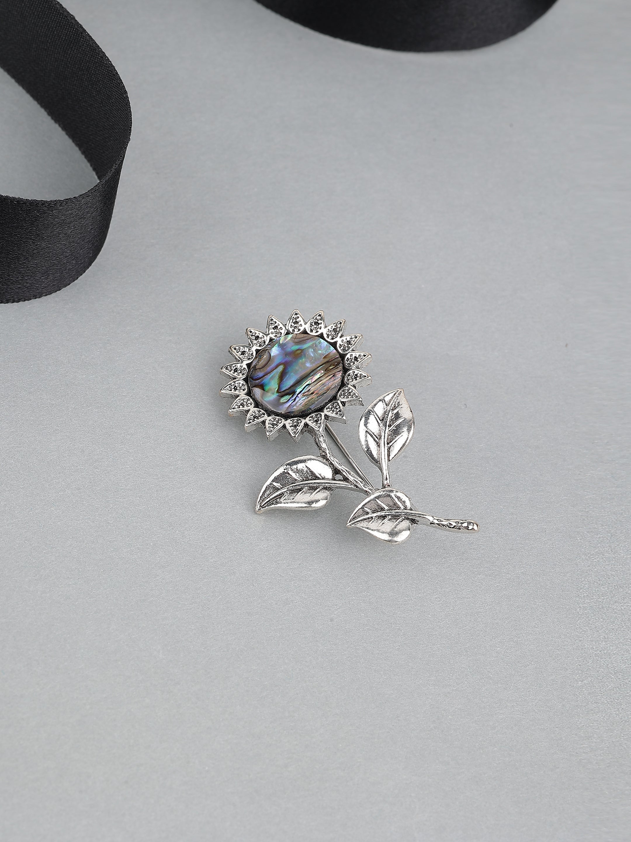 Silver-Tone Sunflower Abalone Shell Brooch