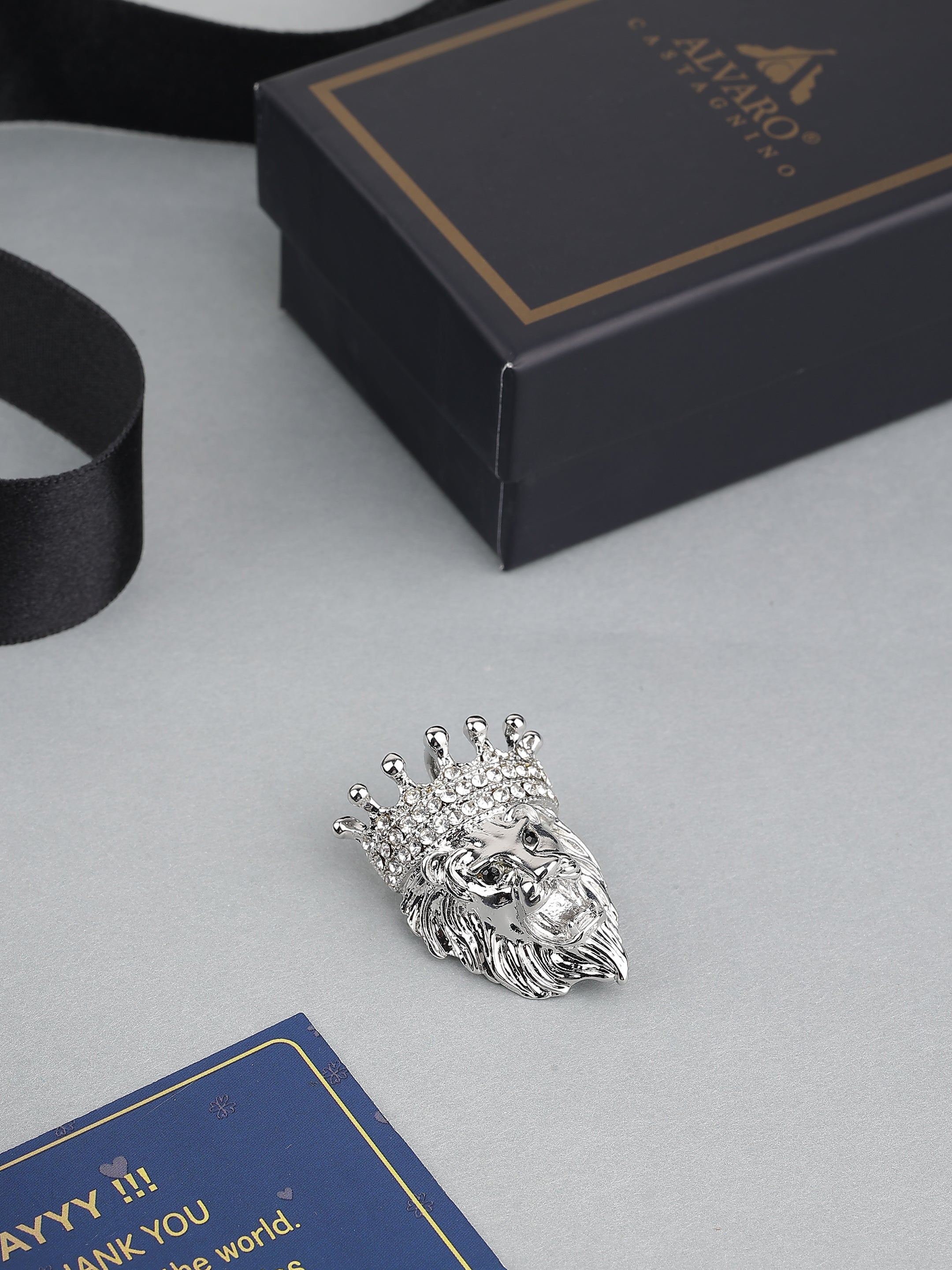 Silver-Tone Crowned Lion Brooch
