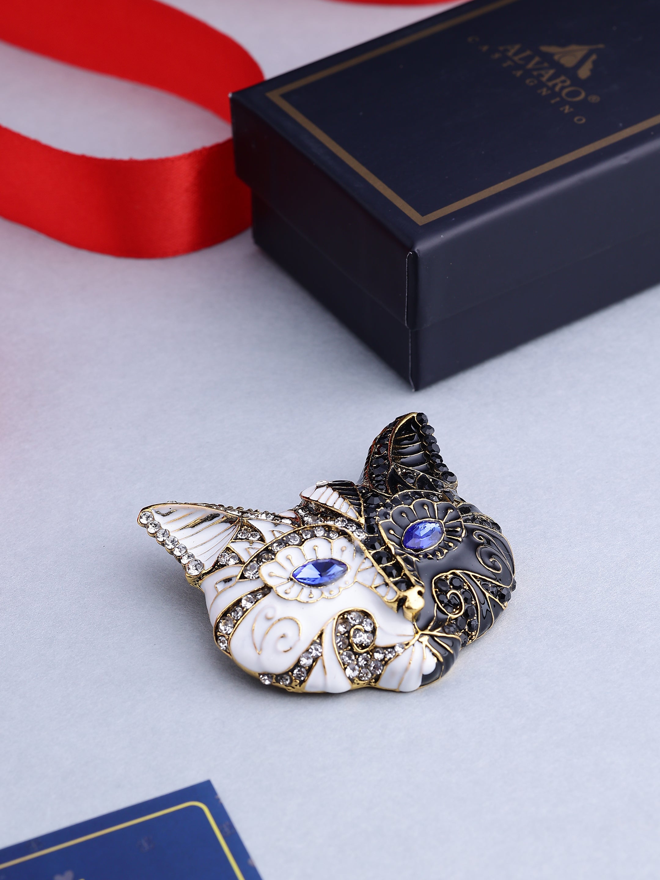 Yin-Yang Crystal Cat Brooch