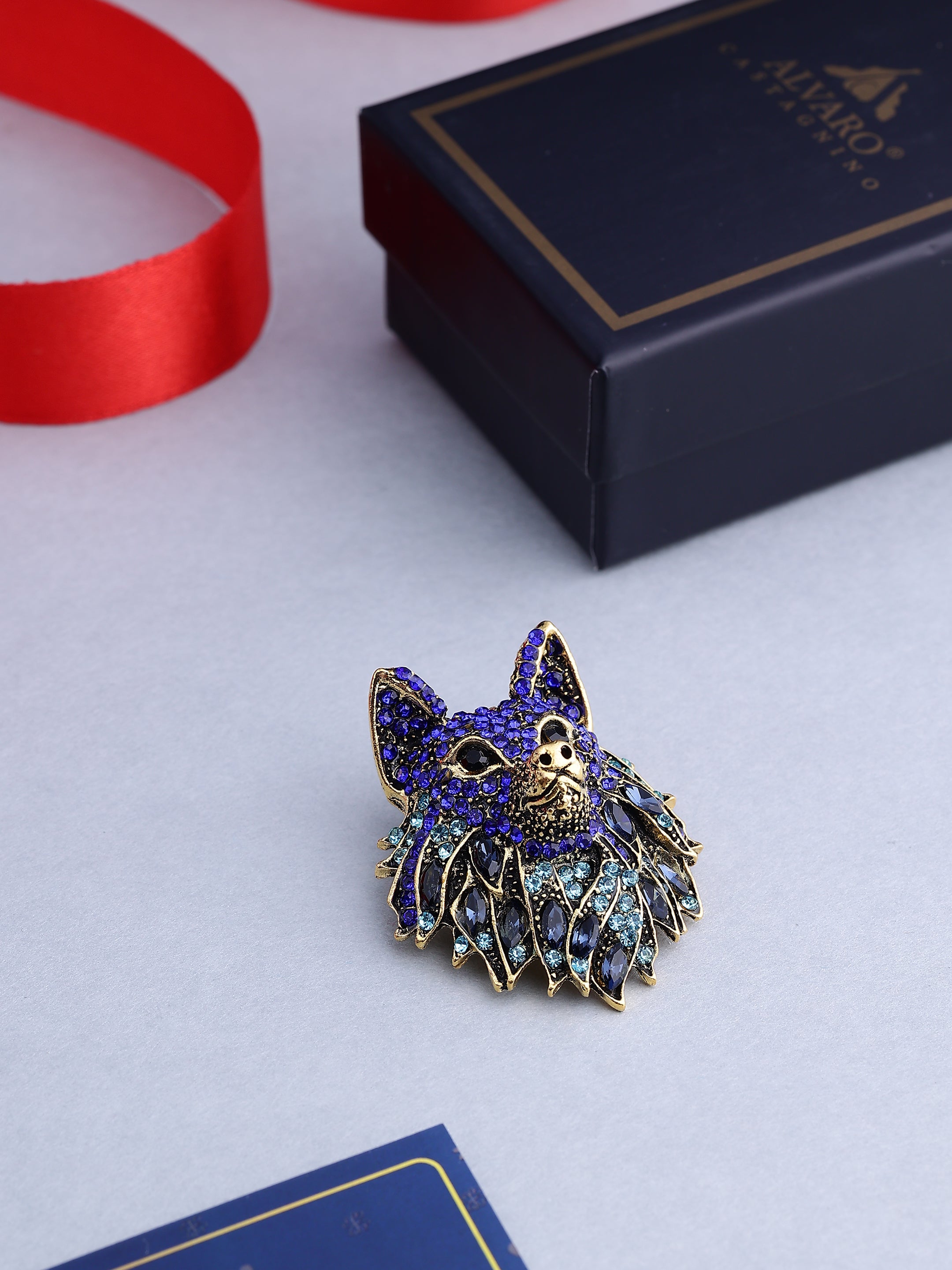 Blue Crystal Wolf Brooch